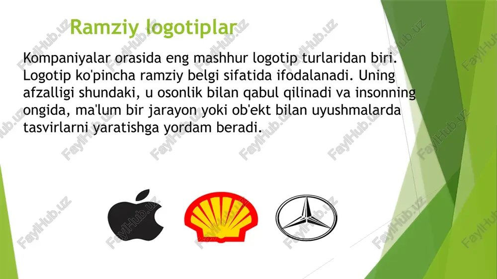 ydalaning ba'zi logotiplar tomoshabinlar bilan o'ynashi, ko'proq narsani ko'rishga qodir bo'lganlarga ko'proq ko'rsatishi, brend haqida juda ko'p ma'lumotlarga ega bo'lishi mumkin. va faqat qilishingiz kerak bo'lgan narsa - shunchaki tafsilotlarni ko'rib chiqish va mualliflarning aql-idrokiga va kichik narsaga ko'p narsalarni qo'yish qobiliyatiga qoyil qolish. oddiy, chiroyli tasvirdan tashqari kuchli logotip aniq va yashirin ma'lum ma'no bilan to'ldiriladi. mijozlarga brendingiz ma'nosini tushunishda yordam berish uchun, biznesning asosiy afzalliklarini ko'rsatadigan bir nechta so'zlarni yozib, xabaringizga e'tiboringizni qarating. ushbu so'zlar hissiyotlar, sifatlar, narsalar yoki vaqt oralig'i bo'lishi mumkin. shriftli saytlar: www.fonts-online.ru www.typekit.com www.1001freefonts.com www.dafont.com www.typography.com image1.jpg image2.jpg image3.jpg image4.png image5.png image6.png image7.png image8.png image9.png image10.png image11.jpeg image12.png image13.jpg image14.jpg image15.png image20.jpeg image16.png image17.gif image18.png image19.gif image21.jpeg image22.png image23.png image24.png image25.jpg image26.jpg image27.jpg image28.jpg image29.jpg image30.jpg image31.jpg image32.jpg image33.jpg image34.jpg image35.jpg image36.jpeg /docprops/thumbnail.jpeg