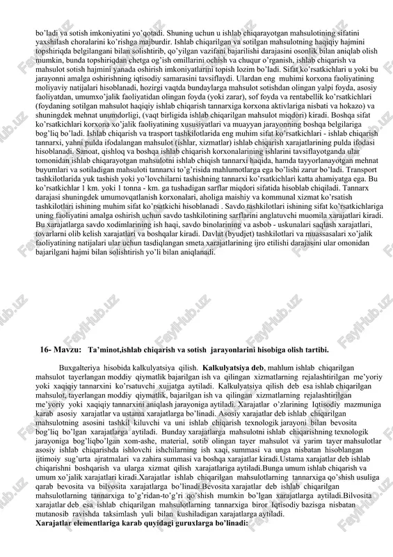 adigan chiqindilar qiymati chegirilgandan keyin); • ishlab chiqarish xarakteridagi mehnatga haq to’lash xarajatlari; • ishlab chiqarish xodimlari bo’yicha ijtimoiy ajratmalar xarajatlari; • ishlab chiqarish uchun mo’ljallangan asosiy vositalar va nomoddiy aktivlar ammortizatsiyasi; • ishlab chiqarish xarakteridagi boshqa xarajatlar. bunday guruhlanish muayyan obhektga nima sarflangan degan savolga javob beradi, uning yordamida kalkulyatsiya qilinayotgan obhekt tannarxi qanday unsurlardan iborat ekanligi aniqlanadi. demak, yangi sharoitda ishlab chiqarish tannarxiga mahmuriy, tijorat, umumxo’jalik va moliyaviy xarajatlar kiritilmaydi. har bir hisobot davrining bunday xarajatlari sotishdan olingan foydani kamaytirish hisobiga o’tkaziladi (hisobdan chiqariladi). lekin korxonani va uning bo’linmalarini boshqarish uchun boshqacha guruhlanish, yahni moddalar bo’yicha guruhlanish zarur. xarajatlarning elementlari xarajatlar tarkibi to’g’risidagi nizomda bo’yicha guruhlanishi quyidagicha ko’rsatilgan: • xom ashyo materiallar (chiqindilar chegirib tashlangandan keyin); • asosiy ishlab chiqarish ishchilarining ish haqi; • ijtimoiy ehtiyojlarga ajratmalar; • umumishlab chiqarish xarajatlari; • boshqa xarajatlar. xarajatlarning bu -guruhlanishi oldingisidan shu bilan farq qiladiki, unda to’g’ri xarajatlar ularning turlari bo’yicha …