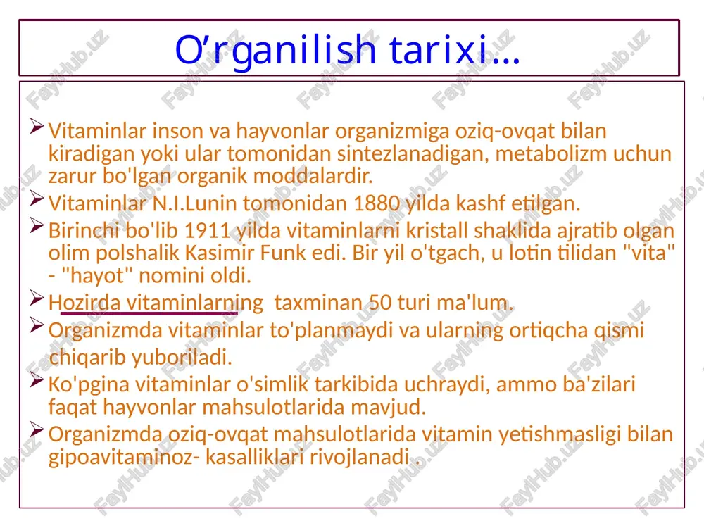 n shug'ullanadigan va ko'pincha ozuqaviy qo'shimchalar va vitaminlarni o'lchovsiz iste'mol qiladigan odamlarda kuzatiladi. oziq-ovqat mahsulotlaridagi vitamin tarkibi yog'da eriydigan vitaminlar oziq-ovqatlar a, mg/100g e, mg/100g d, mg/100g mol jigari 3,83 1,28 - margarin 0,42 20 - qaymoq 0,50 - - tuxum 0,35 - - soya moyi - 114 - makkajo’xori - 93,0 - kungaboqar moyi - 67 - soya - 17,3 - oblipex moyi - 10,3 - no’xat - 9,1 - qaymoq 20% 0,06 0,52 0,12 keta (baliq) 0,04 16,3 ikra chyornaya 0,18 8,0 suvda eriydigan vitaminlar oziq-ovqatlar s v1 v2 v6 v12 mkg rr foliy kislotasi na’matak (quruq) 1200 0,15 0,84 - - 1,50 - na’matak (ho’l) 470 0,05 0,33 - - 0,60 - karam 50 0,06 0,08 0,14 - 0,40 10,0 gulkaram 70 0,10 0,10 0,16 - 0,60 23,0 smorodina 200 0,02 0,02 0,13 - 0,30 5,0 apelsin 60 0,04 0,03 0,06 - 0,20 5,0 qulupnay 60 0,03 …
