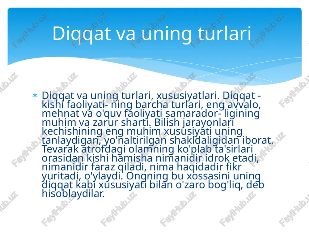 savvurlarning mavjudligi bizning idrokimiz miya po`stlog`ida qandaydir izlar qoldirilishidan, ular ma’lum vaqt davomida miyada saqlanib turishidan dalolat beradi. o`tmish tajribamizda nimaiki hodisa yuz bergan bo`lsa, shuni esda olib qolish, esda saqlash va keyinchalik esga tushirishi yoki tanish xotira deb aytiladi. agar odamlar o`zlarining o`tishish tajribalarini esda saqlay olmasa va qayta tiklash qobiliyatiga ega bo`lmasa bilimlarni egallashning har qanday imkoniyatidan mahrum etilgan va ularning aqli darajasida qolavergan bo`lar edi. shu sababdan ham har bir odamning vazifasi o`z xotirasini boyitishdan iboratdir. esda olib qolish jarayonida odamda bir narsa yoki hodisa bilan boshqa narsa yoki hodisa o`rtasida o`zaro aloqa bog`lanadi. diqqatning biror narsaga qaratishi ob’ektga bog`liq holda diqqatning namoyon bo`lishini quyidagi shakllarini; sensor, aqliy, harakatlantiruvchi shakllarni ajratib ko`rsatadilar. hozirgi vaqtda sensor (ko`rish va eshitish) diqqati ko`proq o`rganilgandir. diqqatning fiziologik asoslarini tushunib etishga buyuk rus fiziologlari i.p.pavlov va a.a.uxtomskiylarning ilmiy ishlari katta ahamiyatga ega. nerv sistemasining alohida reaktsiyalari orientir reflekslar haqida i.p.pavlov ilgari surgan …