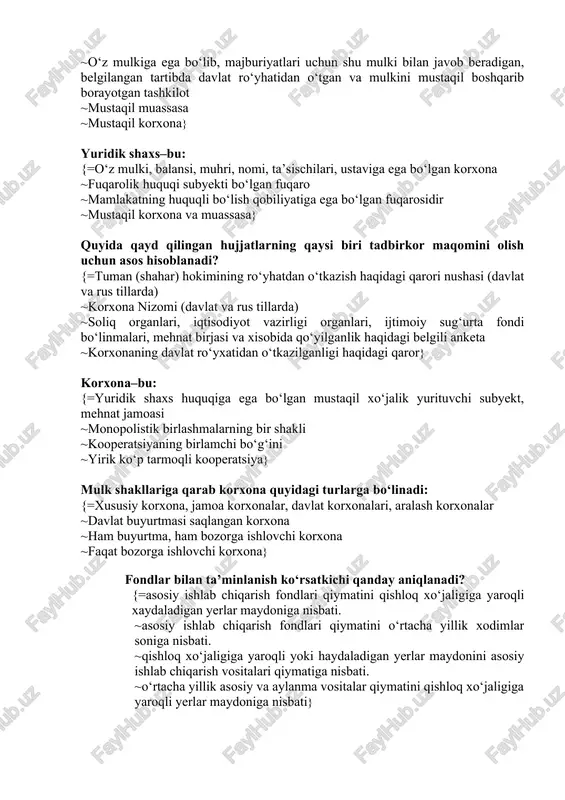 idagi turlarga bo‘linadi: {=xususiy korxona, jamoa korxonalar, davlat korxonalari, aralash korxonalar ~davlat buyurtmasi saqlangan korxona ~ham buyurtma, ham bozorga ishlovchi korxona ~faqat bozorga ishlovchi korxona} fondlar bilan ta’minlanish ko‘rsatkichi qanday aniqlanadi? {=asosiy ishlab chiqarish fondlari qiymatini qishloq xo‘jaligiga yaroqli xaydaladigan yerlar maydoniga nisbati. ~asosiy ishlab chiqarish fondlari qiymatini o‘rtacha yillik xodimlar soniga nisbati. ~qishloq xo‘jaligiga yaroqli yoki haydaladigan yerlar maydonini asosiy ishlab chiqarish vositalari qiymatiga nisbati. ~o‘rtacha yillik asosiy va aylanma vositalar qiymatini qishloq xo‘jaligiga yaroqli yerlar maydoniga nisbati} ishlab chiqarish fondlaridan foydalanish samaradorligini ko‘rsatkichlari qaysilar {=foyda meyori. ~fond qaytimi. ~fond bilan qurollanish. ~fond sig‘imi} korxonaning asosiy fondlar bilan ta’minlanganligini aniqlash? {=bir kishiga to’g’ri keladigan fondlar qiymati ~asosiy vositalar qiymatini qishloq xo‘jaligi yerlariga taqsimlab ~1ga yerga to’g’ri keladigan ximiyaviy vositalarni asosiy vositalarga nisbati ~1ga yerga to’g’ri keladigan ximiyaviy vositalar qiymati} asosiy vositalarni eskirishi necha xil bo‘ladi? {=2 ~3 ~4 ~6} fondlar bilan qurollanish qanday aniqlanadi? {=asosiy ishlab chiqarish fondlari qiymatini …