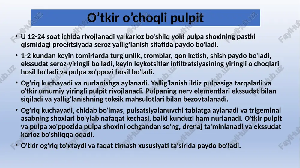 . pulpa yallig'lanishining diffuz tarqalishi bilan bemorlar odatda og'riqni lokalizatsiya qila olmaydilar, ko'pincha bo'shliq yoki plomba mavjud bo'lgan boshqa tishlarga ishora qiladilar, ba'zida kasal tish hatto boshqa jag'da ham tashxis qilinadi (lekin har doim bir xil tomonda). og'riq nurlanishining tipik sohalari: - pastki kesma, kanin va premolyarlarning pulpiti bilan iyak; – quloq – birinchi va ikkinchi pastki molarlarning pulpitida; - sternokleidomastoid mushakning oldingi qirrasi - donolik tishlari pulpitida; - infraorbital mintaqa - yuqori tishlarning pulpitida; - burun - yuqori kaninlarning pulpiti bilan; - ko'z - yuqori premolyarlarning pulpitida; – temporal chuqurcha – yuqori birinchi molar pulpitda; – temporomandibular bo‘g‘im – ikkinchi va uchinchi yuqori molarlarning pulpitida; - tishlarning oldingi guruhining pulpiti bilan og'riqlar qarama-qarshi tomonga tarqalishi mumkin. yuqori tishlar: 1 – kesma tishlar; 2 – kesma tishlar, kaninlar, birinchi premolyar; 3 – premolarlar, birinchi molar; 4 - birinchi molar; 5 - molarlar. pastki tishlar: 6 - molarlar; 7 - uchinchi …