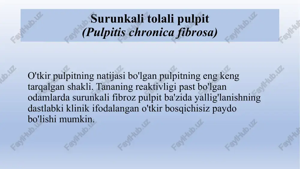 nkali gangrenoz pulpit uchun eod ko'rsatkichlari 60-100 mka, surunkali fibroz pulpit uchun esa 35-40 mka. surunkali fibröz pulpitning o'tkir bosqichida va o'tkir fokal pulpitning differentsial diagnostikasi umumiy xususiyatlar : 1) chuqur karioz bo'shliqning mavjudligi; 2 ) bir nuqtada og'riqli zondlash; 3 ) sovuq bilan uzoq muddatli og'riqli og'riqni qo'zg'atish; 4 ) "yorug'lik" oraliqlari bilan o'z-o'zidan og'riq. farqlar: 1 ) o'tkir fokal pulpitda yuzaga kelmaydigan o'tkir bosqichda surunkali fibroz pulpitda nurli og'riqlar mavjudligi ; o'tmishda turli xil tirnash xususiyati beruvchi o'z-o'zidan yoki uzoq davom etadigan og'riqli og'riqlar mavjudligi va o'tkir o'choqli pulpit 1-2 kundan ortiq bo'lmagan ; zondlashda kariyes bo'shlig'i va tish bo'shlig'i o'rtasida og'riqli aloqa mavjudligi va o'tkir fokal pulpitda tish bo'shlig'i ochilmaydi (travmatik pulpit bundan mustasno); tananing yuqori reaktivligi bo'lgan shaxslarda uchraydi , ya'ni juda kamdan-kam hollarda; o'choqli pulpitda periapikalda hech qachon o'zgarishlar bo'lmaydi matolar; 6) o'tkir o'choqli pulpitda perkussiya doimo og'riqsizdir. surunkali fibröz pulpitning o'tkir bosqichida va o'tkir …
