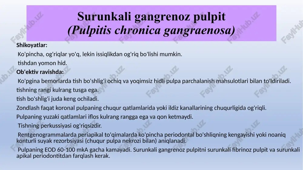 r - tizimli glyukokortikosteroid terapiyasi, gipervitaminoz a va d, tirotoksikoz va boshqalar; 6. yoshga bog'liq o'zgarishlar. surunkali konkrementoz pulpit (pulpitis chronica concrementosa) pulpitning bu shaklining sababi faol kalsifikatsiya jarayoni natijasida pulpa to'qimalarida hosil bo'lgan dentikullar yoki toshbo'ronlardir. diagnostika - bemorlar trigeminal asab shoxlari bo'ylab tarqaladigan spontan paroksismal o'tkir og'riqdan shikoyat qiladilar. - kechasi og'rig'i xarakterlidir. - bunday tishning perkussiyaga engil ifodalangan og'riqli reaktsiyasi - bosh holatidagi keskin o'zgarish paroksismal og'riqlarga olib kelishi mumkin. yakuniy tashxis rentgen tekshiruvi ma'lumotlari bilan tasdiqlanadi, bu esa dentikulaning mavjudligini aniqlaydi. ko'pincha konkremental pulpit paydo bo'ladi: - qattiq to'qimalarning ishqalanishi kuchaygan tishlarda, - o'tmishda kariyes uchun davolangan tishlarda. - ba'zida periodontal kasallik bilan og'rigan odamlarda. - ba'zan buzilmagan tishlarda. dentikulalarning markaziy qismida amorf mineral tuzlarning yadrosi deb ataladigan ko'proq minerallashgan to'qimalarning bir qismi mavjud. dentikulalarning yadrosi - bu mineral tuzlar to'plangan pulpa to'qimalarining nekrozi yoki yo'q qilinishi. keyinchalik yadro atrofida dentinga o'xshash to'qima hosil bo'ladi. erkin …
