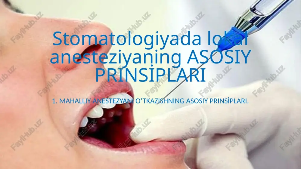 nga asoslangan vositalar) xosdir. ushbu xususiyatlar natijasida qo'llash usullaridan foydalanganda ko'pincha mahalliy va tizimli toksik ta'sir ko'rsatishi mumkin. anestezik yonish hissi tug'diradi, so'lak bilan aralashadi, rad etilgan moddada faol ravishda ajralib chiqadi, og'iz bo'shlig'iga tarqaladi, bunday sirtda keraksiz uyqusizlik hissi paydo bo'ladi. bolada anestezikani o'z ichiga olgan tupurikni yutib yuborishi mumkin, bu esa farenks hududidan kiruvchi reflekslarni keltirib chiqaradi. shuning uchun, bu anestezikalarning ko'pchiligi buzadigan amallar sifatida mavjud bo'lsa-da, pediatrik amaliyotda ushbu texnikani ishlatmaslik yaxshiroqdir. shilliq qavatning sezgirligining uzoq vaqt davomida buzilishi natijasida bemorlarda psixologik noqulaylik, shuningdek, ayniqsa, bolalarda to'qimalarni tishlash ehtimoli. stomatologiyada lokal anesteziyaning asosiy prinsi̇plari anesteziyani in'eksiya usullari lokal behushlikning in'ektsiya usullari - bu anestetik eritmani shprits yoki maxsus moslamadagi ichi bo'sh igna yoki yuqori bosim (ignasiz usul) yordamida to'qimalarga yuboradigan usullar va in'ektsiyaning o'zi og'riqsizligi, tez boshlanishi bilan tavsiflanadi. behushlik va anestezik eritmaning minimal iste'moli. 1. infiltratsiya 1.1. intramukozal 1.2. submukoza 1.3. intradermal 1.4. teri osti 1.5. …