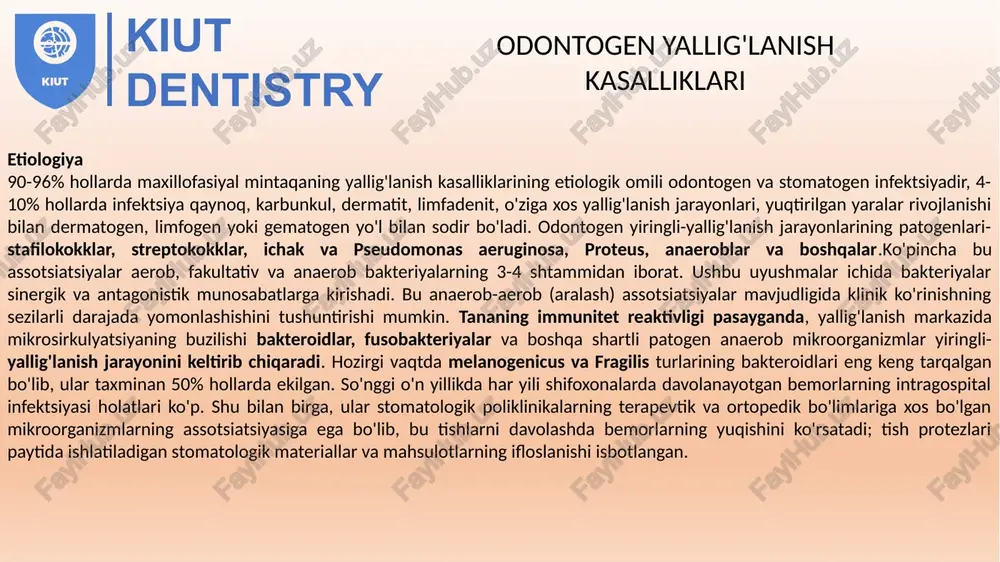 a tish ildizining yuqori qismidan plomba moddasini haddan tashqari chiqarib yuborish paytida yuzaga keladi. •dori periodontiti mishyak pastasi, rezorsinol-formalin suyuqligi yoki zamonaviyroq plomba materiallari kabi tishlarni davolashda ishlatiladigan agressiv dorivor moddalarning periodontitga kirib borishi bilan rivojlanadi. kiut dentistry periodontit tasniflash *o'tkir periodontit. seroz: cheklangan; to'kilgan. yiringli: cheklangan; to'kilgan. * surunkali periodontit. granulyatsion. granulomatoz. tolali. * surunkali periodontit * o'tkir bosqichda surunkali periodontit. apikal periodontit marginal periodontit travmatik periodontit dori periodontiti kiut dentistry o'tkir periodontit o'tkir periodontitda yallig'lanish jarayonining rivojlanishi uning to'qimalarning ma'lum bir cheklangan qismida lokalizatsiyasi va ushbu hudud atrofidagi aniq reaktsiyalar bilan bog'liq. yallig'lanish hodisalarining ko'payishi ekssudatsiya bilan birga keladi, avval seroz fazada, so'ngra yiringli fazada mikroabsesslar hosil bo'ladi, ular birlashib, yiringli fokusni hosil qiladi. klinik ko'rinish o'tkir periodontitda ta'sirlangan tish sohasida o'rtacha og'riqli og'riqlar mavjud. og'riq, davriy yoki doimiy, hech qanday sababsiz yoki ovqatdan keyin paydo bo'ladi. og'riq bir necha soat davom etadi, ozmi-ko'pmi uzoq muddatli yorug'lik bo'shliqlari, …