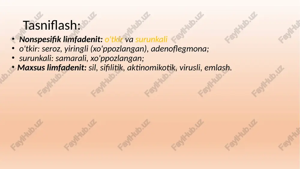 'sirlanadi. jarayon bir vaqtning o'zida bir nechta limfa tugunlarini o'z ichiga oladi, ular asta-sekin kattalashib, silliq yuzasi bilan zich konglomeratlar hosil qiladi. patologik jarayonda ishtirok etadigan limfa tugunlari yallig'lanish rivojlanishining turli bosqichlarida (birida-tvorog nekrozi, ikkinchisida — yiringli eritma). patologik jarayon limfa tugunlariga bir tomonlama va ikki tomonlama zarar etkazishi mumkin. og'iz bo'shlig'ini tekshirishda birlamchi patologik o'choqlar topilmaydi. uzoq muddatli subfebril holat va pirke va mantouxning ijobiy reaktsiyalari xarakterlidir. floroskopiya yordamida o'pkada o'zgarishlar aniqlanishi mumkin. sil kasalligi limfadeniti bo'lgan bemorlarda limfa tugunining punktatida pirogov–langansning ulkan hujayralari aniqlanadi. maxsus limfadenitlar sifilitik limfadenit qattiq shankr hodisasidan 1 hafta o'tgach sodir bo'ladi. teshik-ayol limfa tugunining lokalizatsiyasining qattiq shankrning joylashishiga bevosita bog'liqligi mavjud. teshik limfa tugunlari katta hajmga etishi mumkin, xaftaga tushadigan mustahkamlikka ega, bir - biri bilan va atrofdagi to'qimalar o'rtasida lehimlanmaydi va zanjir shaklida joylashishi mumkin, og'riq komponenti yo'q. 11 sifilitik limfadenitning o'ziga xos xususiyati skleroz va yiringlashsiz yuzaga keladigan limfa tugunining sezilarli …