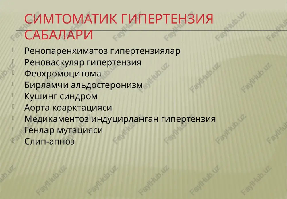rilin ß-adrenorblokator taxikardiya va gipermetabolimda 20-40mg/sut birlamchi aldosteronizm sabalari 1. solitar aldosteron ishlab chiqaruvchi adenoma. 2. aldosteron ishlab chiqaruvchi kartsinoma. 3. b.u.b. po'stlog'i koptokcha zonasining ikki tomonlama mikronodulyar giperplaziyasi. 4. b.u.b. po'stlog'i koptokcha zonasining bir tomonlama mikronodulyar giperplaziyasi. 5.glyukokortikoid bosuvchi aldosteronizm ikkilamchi aldosteronizm reninning birlamchi ortishi bilan kechuvchi ikkilamchi aldosteronizm: - renin-ishlab chiqaruvchi o'smalar reninning ikkilamchi ortishi bilan kechuvchi ikkilamchi aldosteronizm: - gk da diuretiklarni q.q. - kontratseptiv q.q. bilan bog'liq gipertenziya - renoparenximatoz gipertenziya - renovaskulyar gipertenziya - feoxromatsitoma birlamchi aldosteronizm klinik belgilari belgi uchrashi % gipertenziya 100 gipokemiya 90 ekg o'zgarishlar 80 mushaklar holsizligi 80 dizuriya 70 bosh og'rishi 65 polidipsiya 65 paresteziya 45 ko'rish buzulishi 25 tez charchash 20 o'tib ketuvchi paralichlar 20 o'tib ketuvchi tutqanoq 20 mialgiyalar 15 birlamchi giperaldestoronizmning diagnostika bosqichlari klinik diagnostika gipokalemiyaning buyrak va neyromushak belgilari laborator tekshiruvlar gipokalemiya, giperaldesteronemiya, giporeninemiya. idiopatik aldesteronizm testlari -dif. diagnostika uchun topik diagnostika b.u.b. stsintsigrafiya 1-131- xolesterin …