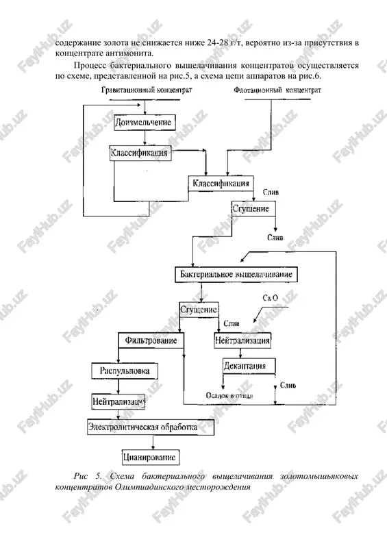 el, 4- chan dlya prigotovleniya pulpi emkostyu 0,8m3, 5- chan dlya bakterialnogo vishelachivaniya (d=1,5m, n=2,2m), 6- sgustitel, 7- vakuum-filtr, 8- chani dlya neytralizatsii, raspulpovki i elektroximicheskoy obrabotki, 9- resiver. bakterialnoe vishelachivanie osushestvlyaetsya s ispolzo-vaniem smeshannoy kulturi bakteriy a.ferrooxidans, a.thiooxidans i leptospirillum ferrooxidans, adaptirovannoy k usloviyam vishelachi-vaniya kontsentrata. aktivnost takoy kulturi v jidkoy faze dostigala 2,5 g/lch po fe(ii) pri kontsentratsii bakteriy 109-1010 kl/ml. pri vishelachivanii v techenie 120 chasov rn pulpi snijaetsya s 2,16 do 1,4-1,12, kontsentratsiya jeleza (iii) povishaetsya do 40 g/l, a mishyaka do 7,9 g/l. soderjanie sulfidnogo mishyaka za vremya vishelachivaniya snijaetsya do 0,12%, a sulfidnoy seri do 0,14%. rasxod vozduxa na aeratsiyu pulpi sostavil 0,6 m3/m3 min, rasxod reagentov: sulfata ammoniya 5 kg/t, dvuxzameshennogo fosfata kaliya - 1 kg/t, xlorida kaliya - 0,2 kg/t i nitrata kaltsiya- 0,02 kg/t. pri tsianirovanii ostatkov vishelachivaniya posle neytralizatsii do rn 10,5 izvlechenie zolota sostavilo 97-98% pri soderjanii zolota v …