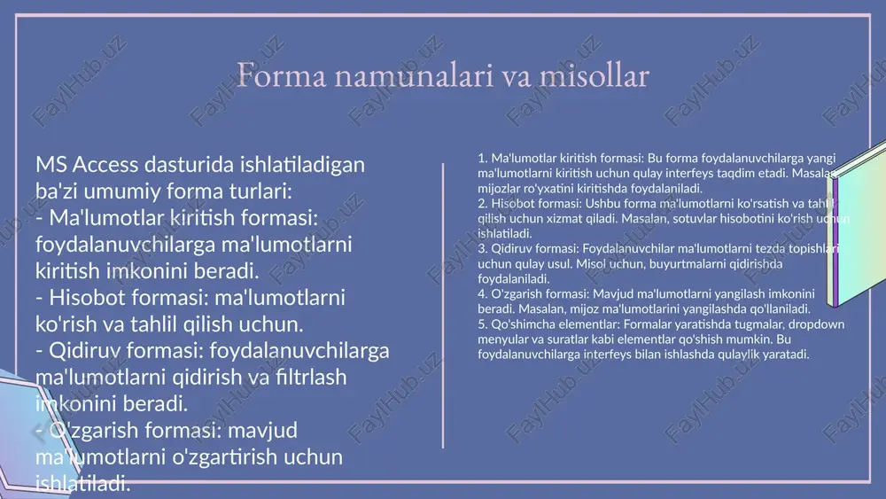 r va hisobotlar yaratish jarayoni muhim ahamiyatga ega. ular ma'lumotlarni tartibga solish, tahlil qilish va taqdim etishda yordam beradi. formalar foydalanuvchilarga ma'lumotlarni kiritish va ko'rish uchun qulay interfeys taqdim etadi, hisobotlar esa ma'lumotlarni vizualizatsiya qilish va natijalarni taqdim etish imkoniyatini beradi. ma'lumotlarni samarali boshqarish, tashkilotlar uchun qaror qabul qilish jarayonida muhim rol o'ynaydi. bu, shuningdek, vaqtni tejash va resurslardan foydalangan holda, ish jarayonlarini optimallashtirish imkonini beradi. shuning uchun, formalar va hisobotlardan foydalanish, har qanday tashkilotning muvaffaqiyati uchun zarurdir. e'tiboringiz uchun rahmat! designed by slides carnival image1.png image2.png image3.png image4.png image5.png image10.jpg image6.png image7.png image8.png image9.png