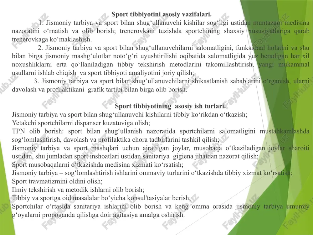 rish ishlarini ommaviy turlarini o‘tkazishda tibbiy xizmat ko‘rsatish; sport travmatizmini oldini olish; ilmiy tekshirish va metodik ishlarni olib borish; tibbiy va sportga oid masalalar bo‘yicha konsul'tasiyalar berish; sportchilar o‘rtasida sanitariya ishlarini olib borish va keng omma orasida jismoniy tarbiya umumiy g‘oyalarni propoganda qilishga doir agitasiya amalga oshirish. sport tibbiyotida qo‘llaniladigan tibbiy nazorat usullari. i. jismoniy tarbiya va sport bilan shug‘ullanuvchi kishilarni tibbiy ko‘rikdan o‘tkazish. dastlabki, takroriy, qo‘shimcha turlarga bo‘linadi. dastlabki – ya'ni birinchi marta tibbiy ko‘rikdan o‘tkazishda jismoniy tarbiya va sport bilan shug‘ullanishga ruhsat etish – etmaslik masalasi hal qilinadi va tekshiruvchini salomatligi to‘g‘risida spravka beriladi. tibbiy ko‘rik umumklinik tekshirishi asosida olib boriladi: so‘rab – surushtirish (anamnez), ko‘zdan kechirish, paypaslash (pal'pasiya): perkussiya, auskul'tasiya va asbob - uskunalar yordamida tekshirish usullari qo‘llaniladi. bundan tashqari pasport ma'lumoti va sport anamnezi aniqlanadi. o‘quv trenirovka prosessini tashkil etish uchun organlarining funksional imkoniyatlarini va ish qobiliyatini oshirish maqsadida maxsus sinamalar yordamida tekshiriladi. tibbiy ko‘rik va …