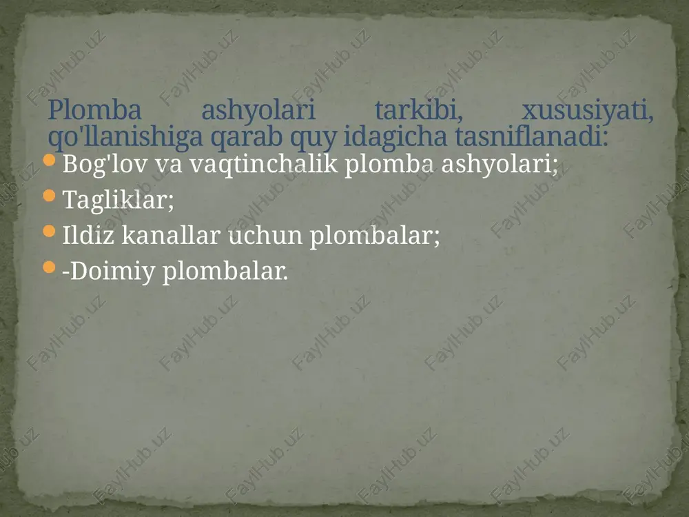 o; «pulpomixine», «calcipulpe», septodont; «dycal», dentsply; «life», voco; «reocap», vivadent) ashyo turi nomlanishi (ishlab chiqamvchi ca(on), tutuvchi suvli suspenziya kalradent(vladmiva) salasept (nordiska dental) calcium hydroxidc(spad/dentsply ca(on)2asosidagi lakiar contrasil (septodont) kimyoviy qotuvchi kalsiy-salitsilatli sementlar ca(on)2 tutuvchi nur bilan qotuvchi, polimer ashyolar calcicur(voco) calcipulpe (septodont) calcium hydroxide (septodont) kalsesil lc (vlad mi va) esterfilsa(dias) calcimol lc (voco) ultra-blend (ultradent) hozirgi vaqtda ko'p ishlatiladigan tarkibida ca(on), tutuvchi davolovchi tagliklar tarkibida ca(on)2 tutuvchi, ph - 9-13 gacha boshqa tagliklarga qaraganda ko'proq ishlatiladi. bu tagliklaraing ishqoriy muhitlari ta'sindapulpadaqon aylanishi yaxshilanadi. hozirgi kimda juda ko'plab kimyoviy va nur yordamida qotuvchi davolovchi tagliklar ishlab chiqarilayapti. ular asosan rossiya va ko'plab xorijiy mamlakatlardan keltirilmoqda. yuqorida aytilgan ajratuvchi tagliklar asosan pasta-pasta sistemasini tashkil qiladi va bevosita qo'yish oldidan aralashtiriladi. bu tagliklarning ijobiy xususiyatlari- dentin kanalchalari orqali pulpaga mikroorganizmlar kirishiga qarshilik qilishi, odontotrop ta'siri, dentin kanalchalaridan ajraluvchi suyuqlikning borligiga qaramasdan tez qotishidir. davolovchi tagliklar 1. odontotrop vositalar: ca(on)2, ftoridlar, kalsiy …