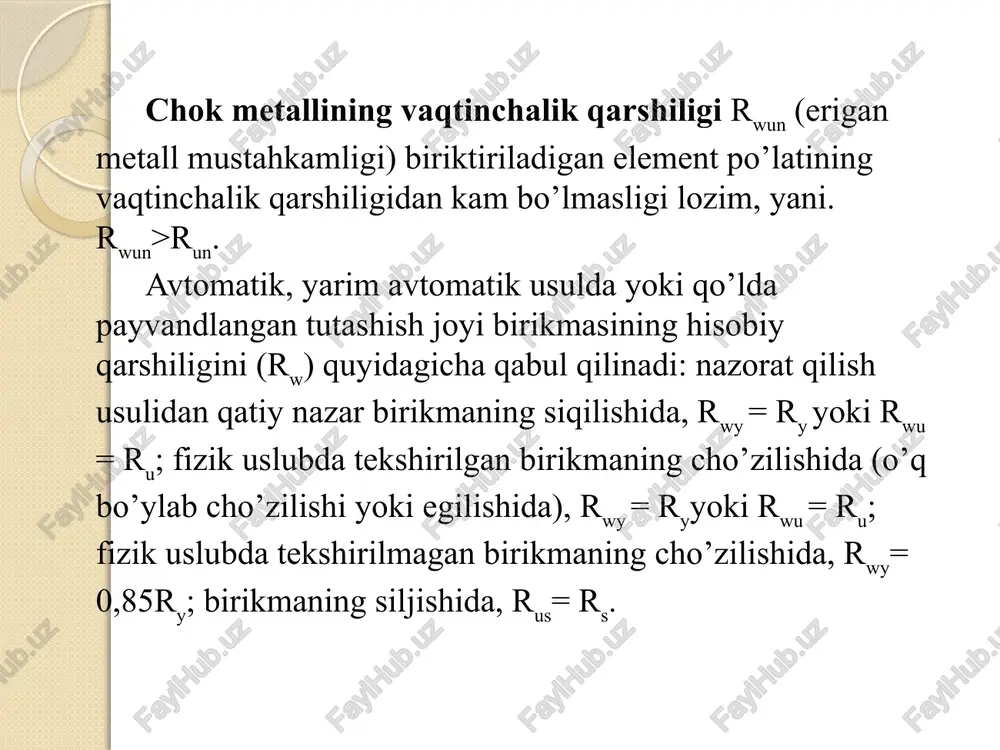 t cho’tka bilan ishlov berilganda =0,35); c – boltli birikmaning ish sharoitlarini hisobga oluvchi koeffisient; n –ishonchlilik koeffisienti; rbn – yuqori daraja pishiq bolt po’latining cho’zilishiga hisoblab aniqlanadigan qarshiligi; abn – bolt kesimining netto yuzasi. birikmaga tegishli yuqori darajada pishiq boltlarning miqdori; agar boylama kuch ta’sir etadigan bo’lsa, nn/(qbhck) (6) formuladan aniqlanadi. bunda k – biriktiriladigan elementlar ishqalanish yuzasining soni. yuqori darajada pishiq boltning tarangligi o’q bo’ylab yo’nalgan kuch r miqdoridan aniqlanadi, u p= rbn an ga teng bo’ladi. birikmalarning tutashish joyi qancha zich bo’lsa, ustqo’ymaga metall sarflanishi nuqtai nazaridan u shuncha tejamli bo’ladi. shunga ko’ra tutashish joylari va tugunlarga boltlar va parchin mixlar, odatda, minimal masofalarda joylashtiriladi. biroq, boltlar va parchin mixlar konstruktiv tutashish joylaridan (masalan, kam yuklangan to’sinlarda belbog’ning devorcha bilan tutashish joyi) maksimal uzoqlikda.joylashtiriladi. parchin mixlar bilan boltlarning markazlari o’rtasidagi minimal masofa har qanday yo’nalishda ham 3d, atrofini o’rab oladigan burchaklilar bo’lmaganda eng chekka qatorlarda maksimal masofa …