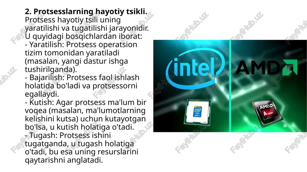 h samaradorligi oshadi. kamchiliklari: virtual xotira orqali diskga murojaat qilish tezligi fizik xotiraga qaraganda ancha sekin bo'ladi. shuning uchun, agar tizimda virtual xotiraga ko'proq murojaat qilinsa, bu tizimning ishlash tezligini sekinlashtirishi mumkin. xulosa: xotira boshqaruvi kompyuter tizimlarida samarali ishlashni ta'minlaydigan muhim mexanizmdir. paging va segmentatsiya kabi texnologiyalar tizimning resurslarni qanday boshqarishini belgilaydi. virtual xotira esa kompyuterning samarali ishlashini ta'minlab, foydalanuvchilarga ko'proq xotira talab qiladigan dasturlarni bajarish imkonini yaratadi. bu barcha usullar tizimning samaradorligini oshirishga yordam beradi. image1.jpeg image2.jpeg image3.jpeg image4.jpeg image5.png image6.jpeg /docprops/thumbnail.jpeg