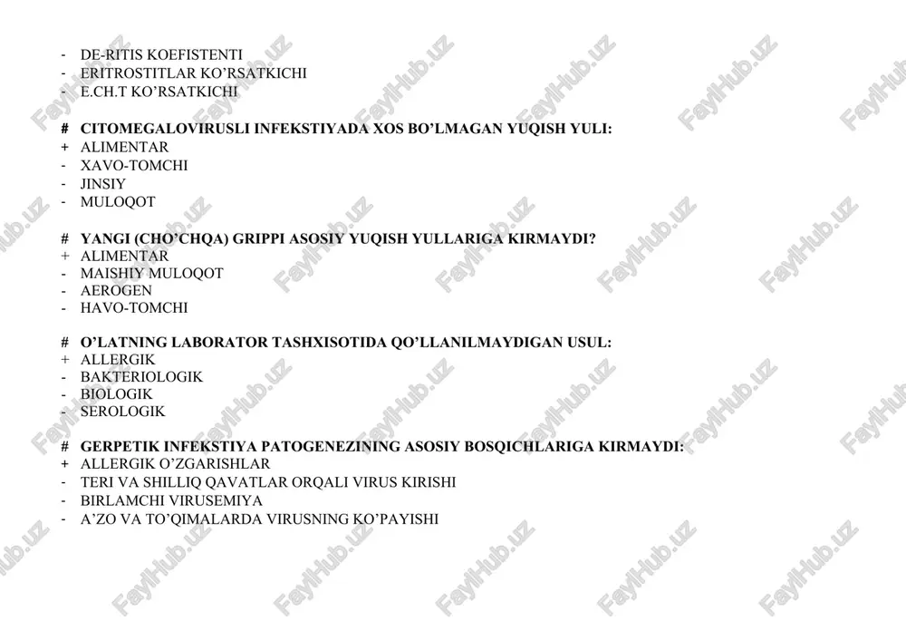 ktivit # gerpetik infekstiyada samarali dori vositasi: + asiklovir - kamivudin - neovir, amiksin - antibiotiki # exinokokkoz asoratlari jumlasiga kirmaydi: + asstit - jigar abstessi - mexanik sariqlik - allergik reakstiya # vgb xos boshlanish: + asta-sekin - o’tkir - nisbatan o’tkir - to’satdan # qiyoslaganda ich terlama uchun xos belgilar: + asta-sekin boshlanish, tana harorati yuqori va davomli isitma, yuzning oqimtir tusga kirishi, boshning butun qismida og’riq - o’tkir boshlanish, 2-5 kun davom etadigan yuqori isitma, yuz qizarishi, pyoshona sohasida og’riq - asta-sekin boshlanish tana harorati yuqori va davomli, ko’p terlash, mahalliy limfa tugunlarining kattalashuvi - o’tkir boshlanish, tana harorati yuqori va davomli, ko’p terlash, mahalliy limfa tugunlarining kattalashuvi # qiyoslanganda amebiazga xos belgilar: + asta-sekin boshlanishi, harorat ko’tarilmaydi, ung tomonga og’riq, najas qon, shilliq, yiring aralash - o’tkir boshlanish, qisqa isitma, qorinda og’riq, ichning tez-tez shilliq va qonlik ketishi - to’satdan boshlanish, ko’ngil aynib qusish, ichni shir-shir …