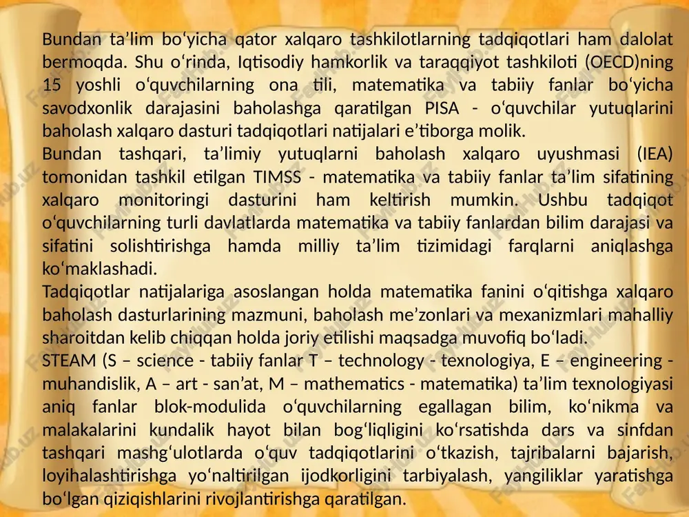 sh, o‘z faoliyatlarini tahlil qilish va baholash, loyiha ishi himoyasi uchun taqdimot tayyorlash va uni himoya qilish. o‘quvchilar loyiha ishi muammosi bo‘yicha izlanishlarini odatda darsdan tashqari mustaqil mashg‘ulotlarda olib borishadi. 1.2. matematka fanining boshqa fanlar bilan integratsiyasi matematika fanini o‘qitishda nafaqat uning bo’limlar orasidagi o‘zaro ichki, balki tashqi, ya’ni turdosh blok-modullar tarkibiga kiruvchi fanlar bilan integratsiyasi ham katta ahamiyatga ega. jumladan, quyidagi fan yo‘nalishlari bilan o‘zaro chambarchas aloqalari muhim hisoblanadi: ona tili va adabiyot, xorijiy tillar orqali shakllantiriladigan kompetensiyalar matematika fanlarni o‘qitishda o‘quvchilarning ijodiy fikrlashini rivojlantirishda, yozma va og‘zaki ravishda o‘z qarashlarini ravon bayon etish malakalarini hosil qilishda, ilmiy atamalarni to‘g‘ri qo‘llash hamda bahs-munozaralar jarayonida erkin muloqot qilishga o‘rgatishda muhim o‘rin tutadi. informatika va axborot texnologiyalari fani yordamida matematika fanini o‘qitish jarayonining samaradorligini turli ko‘rinishdagi axborot- kommunikatsiya texnologiyalari va kompyuter texnikasidan foydalanish orqali oshirishga ulkan imkoniyatlarni yaratadi. fizika fanini o‘qitishda o‘quvchilar tabiat hodisalarini va asosiy fizik jarayonlarni anglash bilan birga, …