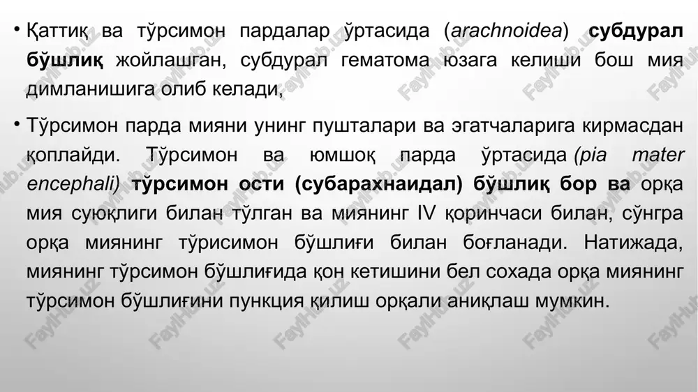 nifi mavjud, ammo ular qisqa va uzun teshuvchi shoxlarga bo'linadi 1. old miya arteriyasi. old miya arteriyasi ko'zning kesishuvchi nervlarning kesishishi ustidagi miya yarim sharlarining o'rta yuzasiga o'tadi. keyin u qadaqsimon tananing tizzasini o'rab oladi, bu uni karotid angiografiya bilan aniqlashni osonlashtiradi (pastga qarang). old tushtashtiruvchi arteriya yaqinida oldingi miya arteriyasi o'rta tekis arteriyasini hosil qilish uchun shoxini chiqaradi, shuningdek ortga qaytuvchi arteriya gyubnera deb ham ataladi ushbu arteriyaning vazifasi striatumning ichki kapsulasi va boshini qon bilan ta'minlashdir. old miya arteriyasining miya shoxlari qon ta'minoti tepa-ensa yanoq darajasida miya yarim sharlarining o'rta yuzasi. ushbu arteriyaning shoxlari miya yarim sharlarining peshona va yon yuzalarida kesishadi. 2. o'rta miya arteriyasi. o'rta miya arteriyasi ichki uyqu arteriya tarmoqlarining eng kattasi bo'lib, uning qon oqimining 60-80 foizini oladi. ichki uyqu arteriyasidan uzoqlashib, o'rta miya arteriyasi darhol markaziy shoxlaridan voz kechadi, so'ngra yon yanoq chuqurligida u miyaning orolcha yuzasiga o'tadi va u erda yuqori va …