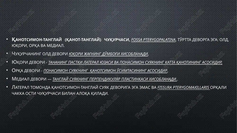 bilan pastki jag' kanaliga yo'naltiriladi. ushbu shox pastki tishlarni innervatsiya qiladi, shuningdek iyak shoxini beradi (lotin. n. mentalis), pastki jag'ning iyak teshigi orqali chiqadi; quloq-chakka nervi (lotin: n. auriculotemporalis) aralash, sezuvchi va parasimpatik nervlarni o'z ichiga oladi (quloq tugunidan kelib chiqadi) chakka, qanotsimon-tanglay chuqurlarning flegmonalarining tarqalishi. qanotsimon-tanglay joylashishning abstsesslari va flegmonalarining klinik kursi og'ir. bemorni yuqori jag'dagi og'riq chakka va ko'z sohasiga uzatiladi, shuningdek yutish paytida og'riqdan bezovtalanadi. bundan tashqari, tana harorati ko'tariladi, bosh og'rig'i kuchayadi. ba'zi hollarda lunj, yonoq va pastki chakka sohalarida, ba'zan esa ko'z qovoqlarining biroz aniq shishishini aniqlash mumkin. og'iz ochilishi cheklangan. og'iz bo'shlig'i dahlizining yuqori-orqa qismlarini tekshirish paytida shilliq qavatning shishishi va giperemiyasi aniqlanadi. palpatsiya paytida o'tish burmalar bo'ylab va yuqori jag' do'mbog'ining sohasida og'riqli infiltratsiyani aniqlash mumkin. yiringli-yallig'lanish jarayoni qo'shni xujayra bo'shliqlarga tarqalganda, klinik belgilar o'zgaradi yiringli-yallig'lanish markazini drenajlash uchun amalga oshiriladigan operativ kirish og'iz bo'shlig'i tomonidan amalga oshiriladi. kesma yuqori jag'ning katta molyar …