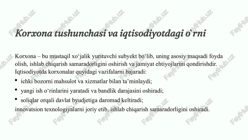 rajatlari va daromadiga salbiy ta’sir qiladi. echimlar: - shartnomalarni milliy valyutada tuzishga harakat qilish. - valyuta risklarini sug‘urtalash yoki hedjing mexanizmlaridan foydalanish. yangi korxonani tashkil etishni moliyalashtirishda xorij tajribalari yangi korxonalarni moliyalashtirishda xorijtajribalari yangi korxonalarni moliyalashtirishda xorijiy tajribalar juda boy va o‘ziga xosdir. ko‘plab rivojlangan mamlakatlarda tadbirkorlikni qo‘llab-quvvatlash uchun turli xil moliyaviy mexanizmlar ishlab chiqilgan. quyida asosiy xorijiy tajribalar keltiriladi: 1. aqsh tajribasi - venchur kapital: aqsh startaplarni moliyalashtirishda dunyoda yetakchi. innovatsion g‘oyalar uchun venchur fondlar orqali katta sarmoya kiritiladi. - biznes-inkubator va akseleratorlar: yangi biznes loyihalariga ofis joyi, maslahat, marketing yordami va kichik investitsiyalar beriladi (masalan, y combinator, techstars). - davlat dasturlari: small business administration (sba) kichik bizneslarga past foizli kreditlar, kafolatlar va maslahat xizmatlarini taqdim etadi. 2. yevropa tajribasi - yevropa ittifoqi grantlari: innovatsion korxonalar uchun horizon europe, cosme dasturlari orqali grant va subsidiyalar ajratiladi. - kichik va o‘rta biznesni qo‘llash jamg‘armalari: ko‘plab davlatlarda maxsus fondlar mavjud (masalan, …