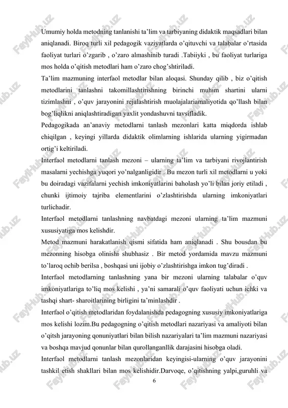 itish metodlari nazariyasi va amaliyoti bilan o’qitsh jarayoning qonuniyatlari bilan bilish nazariyalari ta’lim mazmuni nazariyasi va boshqa mavjud qonunlar bilan qurollanganllik darajasini hisobga oladi. interfaol metodlarni tanlash mezonlaridan keyingisi-ularning o’quv jarayonini tashkil etish shakllari bilan mos kelishidir.darvoqe, o’qitishning yalpi,guruhli va individual shakllari turlicha metodlarni talab etadi.misol uchun debat metodi ikki talaba o’rtasidagi bahs hisoblansa, “aqliy hujumda” guruhdagi barcha talabalarning ishtiroki zarur bo’ladi. interfaol mtedlarning pedagogik texnologik prinsiplariga mos kelishi umumlashtiruvchi mezon hisoblanadi.ma’lumki,pedagogik texnolgik ham ma’lum qonuniyatalar asosida loyihalanadi va o’quv jarayonini tashkil etishga asos yaratadi, joriy qilingach esa yakuniy natijani,talabaning u yoki mavzuni mustaqilligini ta’minlaydi. ta’limning umumiy maqsadidan kelib chiqib o’qitishning ayni bosqichidagi tarbiyaviy va rivojlantiruvchi masalarni yechish zaruratni hisobga olgan holda ajratilgan variant tahlillanadi va baholanadi. “aqliy hujum” metodi o’quvchilarning mashg’ulotlar jarayonidagi faolliklarini ta’minlash,ularni erkin fikr yuritishga rag’batlantirish hamda bir xil fikrlash inersiyasidan ozod etish ,muayyan mavzu yuzasidan rang-barang g’oyalarni to’plash,shuningdek,ijodiy vazifalarni hal etish jarayonining dastlabli bosqichida paydo bo’lgan …