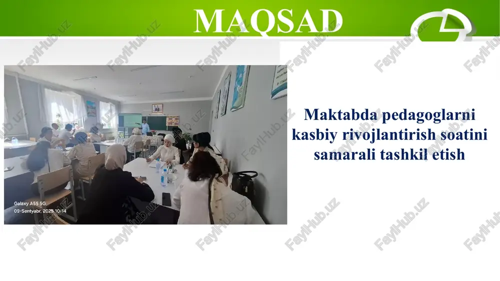 r maktabdagi ilg‘or tajribani boshqa maktablarga krs orqali ulashish uchun onlayn va oflayn tizim yo‘lga qo‘yish. mavzuning qiyosiy tahlili xulosa xulosa qilib aytsam, maktablarda kasbiy rivojlanish soatlari o‘qituvchilarning bilimini yangilash, malakasini oshirish va tajriba almashishini ta’minlovchi samarali maydon bo‘lib xizmat qilmoqda. shu yo‘l bilan krs haqiqiy kasbiy rivojlanish mexanizmiga aylanadi va ta’lim sifatini oshirishda kuchli omil bo‘lib xizmat qiladi. takliflar 1.krs natijalarini amaliy ko‘rsatkichlar bilan bog‘lash – o‘qituvchining krsda o‘rganganini darsda qo‘llashi, innovatsion yondashuvlardan foydalanishi monitoring orqali baholash. 2.o‘qituvchilarning tashabbusini qo‘llab-quvvatlash – krs doirasida “bir o‘qituvchi – bir innovatsion g‘oya” loyihasini joriy etib, pedagoglarning ijodkorlik faoliyatini rag‘batlantirish. 3.onlayn krs imkoniyatlarini kengaytirish – vaqtni tejash uchun masofaviy mashg‘ulotlarni tashkil etish. 4.krs uchun alohida metodik qo‘llanma ishlab chiqish – maktablarda krsni qanday samarali o‘tkazish bo‘yicha yagona metodik asos ishlab chiqib, barcha maktablarga joriy etish. 10 chora-tadbirlar rejasi t/r muammo muammoning yechimini amalga oshirish mexanizmi mas’ullar muddati kutilayotgan natija 1 maktablarda “kasbiy rivojlanish …