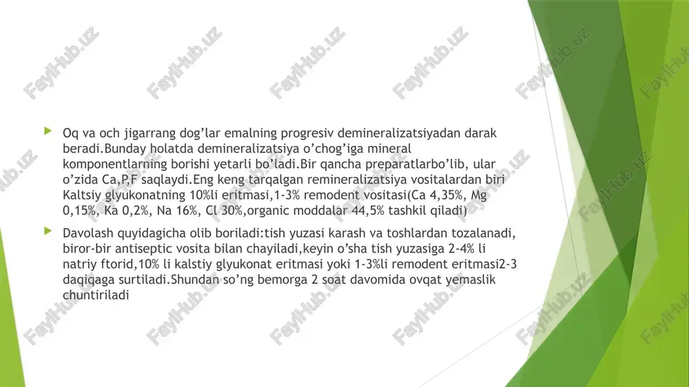 ga niabatan sezuvchanlik 4.tashqi ta’sirlarga nisbatan sezuvchanligi( mexanik ta’sirlar, kislotalar bilan protravka qilishlikka) sut tishlarini davolashda asosiy qiyinchilikni aproksimal yuzadagi karioz kovaklar tug’diradi.bunda nafaqat shikastlangan to’qimalarni olib tashlah,balki plombaning mustaxkamligini ta’minlash ahamiyatga ega, retension yuza ingichka fissurasimon yoki teskari konussimon bor bilan ochilishi kerak,plombaning mustaxkamligini ta’minlash maqsadida qo’shimcha maydon hosil qilinishi, uning tubi dentindan o’tib ketmagan bo’lishi kerak.blek bo’yicha karioz kovaklarini joylashishini hisobga olib har bir bo’shliq o’ziga xos ochiladi.karioz kovaklarini charxlash 5ta bosqichdan iborat bo’ladi: 1.tish bo’shlig’ini ochish 2.tish bo’shlig’ini kengaytirish 3.nekroektomiya 4.bo’shliqni shakllantirish 5.bo’shliq qirralarini finirlash bo’shliqni ochish har doim sharsimon yoki fissurasimon borlar yordamida,ba’zan teskari konusimon bor yordamida amalga oshiriladi. bo’shliqni kengaytirishda silindrsimon borlar ishlatiladi, bo’shliqni kengaytirishda blek bo’yicha profilaktik kengaytirish ishlarini amalga oshirish kerak, bunda kareisga tez beriluvchan yuzalar ham bor yordamida olib tashlanadi.sog’lom kariesga uchramagan fissuralarni profilaktik kengaytirish orqali ochishda ko’plab sog’lom to’qimani olib tashlash kerak emas, eniga0.7-0.8 mm,chuqurligi 1-1.5 mm olinsa yetarli, o’tkir burchak …