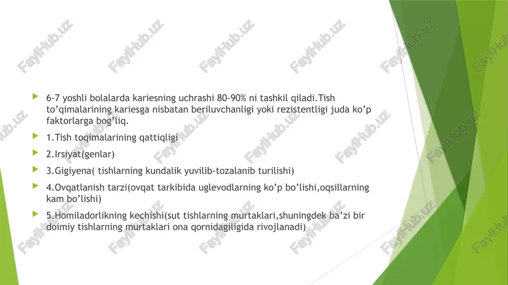 iqishida umumiy va mahalliy faktorlar muhim rol o’ynaydi. umumiyga:notog’ri dieta va ichimlik suvi(ichimlik suvidagi ftorning miqdori,ya’ni ftor normada 1mg/l tashkil qilishi kerak, bu ko’rsatkichning normadan ortishi fluyoroz degan kasallikka, pasayishi tishlarning kariesga tez chalinishiga olib keladi),ekstremal ta’sirlar,irsiyat. mahalliyga:tish byashkasi va tish karashlari(ular o’zida mikroorganizmlar saqlaydi),so’lakning tarkibi va xususiyatlarini buzilishi,uglevodli ovqat qoldiqlari(tishlar orasida qolib ketadigan),tish to’qimasining rezistentligi,tishlar qattiq to’qimasining biokimyoviy tarkibidagi o’zgarishlar,tish pulpasining xolati,tish-jag’ sistemasining tish murtaklarini paydo bo’lish,rivojlanishi va tishlarning chiqish paytidagi xolati karies klasifikatsiyasi mkb-11 bo’yicha: da08.0 tishlar kariesi da08.1 ba’zi bir aniqlangan tish qattiq to’qimasining kasalliklari da08.2 tishlarning surunkali travmasi da08.3 notravmatik tishlarning sinishi da08.4 tishlardagi o’smalar da08.x boshqa aniqlangan tish qattiq to’qimalarining kasalliklari da08.z aniqlanmagan tish qattiq to’qimalarining kasalliklari karies klassifikatsiyasi mkb-10 bo’yicha k02.0.emal kariesi k02.1.dentin kariesi k02.2.sement kariesi k02.3.to’xtagan karies k02.4.odontoklaziya.bolalar melanodentiyasi.melanodontoklaziya (odontoklaziya-tishning emal qavatining demineralizatsiyasi bilan kechuvchi va bo’shliq hosil bo’lishi bilan kechadigan jarayon.odontoklaziyada patologik jarayon frontal tishlarning vestibulyar yuzasining bo’yin qismida joylashgan bo’ladi. bolalar …