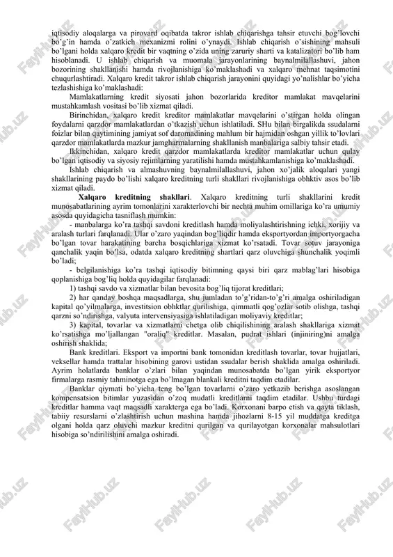 i ifodalasa, kredit esa kreditor bilan karz oluvchi o’rtasidagi munosabatlarni ifodalaydi. bunda tashkari kredit va moliya qiymat kategoriyalar sifatida o’z manbalariga kura xam farq qiladi. agar kredit mablaglarining manbasi vaktincha bush turgan va o’z navbatida karzga olingan mablaglardan tashqil bo’lsa, moliya mablaglari esa vaktincha bush mablaglar va ularning ishlatilishi bilan boglik bo’lmaydi masalan: davlat byudjetiga solik to’lovchilar bu mablaglar o’z xo’jaliklari uchun kerak bo’lgan takdirda xam solik to’lashga majburdirlar. kredit munosabatlarida berilaetgan mablaglarning egasi o’zgarmaydi, yahni kreditor mulkdor sifatida saklanib qoldi. lekin moliya munosabatlarida berilaetgan mablaglarning egasi o’zgaradi, yahni endi bu mablaglar davlatning mulki hisoblanadi. kredit va moliya bir-biridan o’z xarakat boskichlari bilan xam farq qiladi. agar moliyaning xarakat boskichi turli fondlarni (markazlashgan va markazlashmagan) tashqil etishdan boshlansa, kredit xarakati mablaglarni boshqalarga karz berishdan boshlanadi. chunki kredit munosabatlarida mablaglarning tuplanishi xali kredit bo’la olmaydi. kreditning muxim farqlaridan biri uni kaytarib berishning shartliligidir. bu xususiyat kreditning xamma shakllariga xosdir. kredit va …