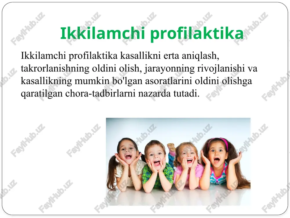 ga muvofiqdir. dasturlarni amalga oshirishda stomatologik bo'lmagan xodimlarni jalb qilish kerak: maktab o'qituvchilari, hamshiralar, bolalar bog'chalari o'qituvchilari, ota-onalar. profilaktika dasturlarini joriy etish profilaktika dasturlarini joriy etish quyidagi bosqichlardan iborat : dasturni oldindan rejalashtirish; amalga oshirish bo'yicha tashkiliy tadbirlar; dastur amalga oshiriladigan aholi guruhlarini tanlash; xodimlar va resurslarga bo'lgan ehtiyojni baholash. dasturni oldindan rejalashtirish tish xizmati tashkilotchilari avval butun profilaktika dasturining umumiy sxemasini tuzishlari va keyin uni batafsil bayon qilishlari kerak. dasturlarni rejalashtirish davlatning sog'liqni saqlash va ta'lim sohasidagi milliy siyosatiga muvofiq amalga oshirilishi kerak. amalga oshirish bo'yicha tashkiliy tadbirlar tish xizmati tashkilotchilarining vazifalariga quyidagilar kiradi: mahalliy xizmatlar tomonidan profilaktika dasturini amalga oshirishni tashkil etish, moliyalashtirishni ta'minlash, kadrlar tayyorlash, amalga oshirishni tekshirish, monitoring (kuzatuv), dastur samaradorligini baholash. aholi guruhlarini tanlash kasalliklarning paydo bo'lishi va rivojlanishi xavfi yuqori bo'lgan aholi guruhlariga alohida e'tibor berilishi kerak: bolalar, homilador ayollar, sanoat korxonalari ishchilari va boshqalar. agar butun bolalar aholisi orasida dasturni amalga oshirishning iloji …