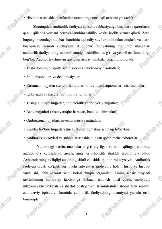 n harakatlar to‘plamidir. masalan, auditor moliyaviy hujjatlarni tahlil qiladi, ichki nazorat tizimini baholaydi, moliyaviy operatsiyalarning qonuniyligini tekshiradi, tashkilot faoliyatidagi risklarni aniqlaydi va ularni kamaytirish bo‘yicha takliflar beradi. vazifalarning yana bir muhim jihati bu audit natijasida aniqlangan kamchiliklarni bartaraf etishga qaratilgan tavsiyalar ishlab chiqish va ularni rahbariyatga taqdim etishdir. ayniqsa, bugungi kunda iqtisodiy islohotlar chuqurlashib borayotgan sharoitda tashkilotlarning moliyaviy faoliyatini nazorat qilish va tahlil etish dolzarb ahamiyat kasb etmoqda. audit vazifalari samarali bajarilgan taqdirda, tashkilotning moliyaviy barqarorligi, investitsiyaviy jozibadorligi, davlat va soliq organlari bilan hisob-kitoblarining to‘g‘riligiga ishonch ortadi. shu sababli, har bir tashkilot auditorlik jarayonini faqat tekshiruv sifatida emas, balki o‘z faoliyatini takomillashtirishga xizmat qiluvchi muhim vosita sifatida baholashi kerak. 2-jadval: auditorlik faoliyatining asosiy ma’lumot manbalari[footnoteref:3] [3: zokirov, s. (2021). moliyaviy audit va uning samaradorligi. tashkent: “moliyaviy tahlil” nashriyoti.] t/r manba turi tavsifi 1 buxgalteriya hisobotlari balans, foyda va zarar hisoboti, pul oqimi hisobotlari 2 birlamchi hujjatlar schyot-faktura, kassa orderlari, to‘lov …
