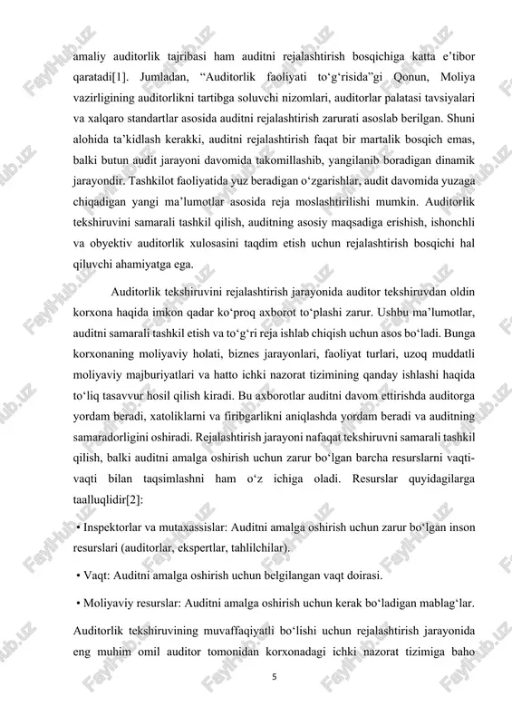 belgilangan vaqt doirasi. • moliyaviy resurslar: auditni amalga oshirish uchun kerak bo‘ladigan mablag‘lar. auditorlik tekshiruvining muvaffaqiyatli bo‘lishi uchun rejalashtirish jarayonida eng muhim omil auditor tomonidan korxonadagi ichki nazorat tizimiga baho berishdir. ichki nazorat tizimi audit jarayonini to‘g‘ri yo‘naltirishda asosiy vosita sifatida xizmat qiladi. auditor bu tizimning samaradorligini baholab, auditni to‘g‘ri yo‘naltirishga yordam beradi, chunki zaif ichki nazorat tizimi auditorni yanada kengroq tekshiruvlarni olib borishga undaydi. auditni rejalashtirishda risklarni baholashning ham alohida o‘rni bor. auditorlar xatarlarni oldindan aniqlab, ularni engish uchun to‘g‘ri yondashuvlarni ishlab chiqadilar. risklarga asoslangan yondashuv auditorlik tekshiruvini tashkil etishning samarali usulidir, chunki bu yondashuv auditorga har bir xatarni baholash va ularni har xil darajada muhimlikka qarab saralash imkonini beradi. bunday yondashuvda auditor barcha xatarlarni engish uchun aniq va samarali strategiyalarni ishlab chiqadi. auditni rejalashtirishda bir nechta yirik muammolarni hal qilish zarur. jumladan xatarli sohalar audit jarayonida ehtiyotkorlik bilan diqqatni jalb etish zarur bo‘lgan muhim sohalarni aniqlash. miqdoriy masalalar …