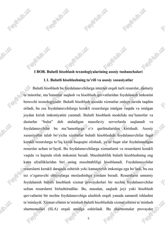 r orasida talabga qarab ma’lumotlarni tarqatish yoki ish yukini boshqarish imkoniyatini yaratadi. xavfsizlik va maxfiylik bulutli hisoblashda xavfsizlik masalalari alohida e’tibor talab qiladi. ma’lumotlar internet orqali saqlanadi va uzatiladi, shuning uchun xavfsizlik va maxfiylikni ta’minlash, jumladan shifrlash, autentifikatsiya va avtorizatsiya mexanizmlari muhim ahamiyatga ega. ko‘p foydalanuvchililik bulutli hisoblashda bir nechta foydalanuvchi (tenant) bir xil jismoniy yoki virtual resurslardan foydalanadi. bu, xizmatlarning samaradorligini oshirish va xarajatlarni kamaytirish uchun xizmat qiladi. bulutli hisoblash texnologiyalari zamonaviy biznesning asosiy yo‘nalishlaridan biriga aylangan. uning asosiy xususiyatlari, jumladan, talab bo‘yicha xizmatlar, masshtablilik, resurslarni umumiy foydalanish va elastiklik, foydalanuvchilarga yuqori samaradorlik va tezlik bilan xizmatlardan foydalanishga imkon beradi. shuningdek, xavfsizlik va maxfiylik masalalari ham bu texnologiyalarni qo‘llashda eng muhim jihatlardan biri bo‘lib qoladi. bulutli hisoblash foydalanuvchilarga internet orqali turli resurslar va xizmatlarga kirish imkoniyatini beruvchi texnologiya. bulutli hisoblashning asosi shundaki, foydalanuvchi o‘z ma’lumotlari, dasturlar yoki tizim resurslarini o‘z qurilmasiga yuklamasdan, internet orqali masofaviy serverlarda joylashgan “bulut”dan foydalanadi. …