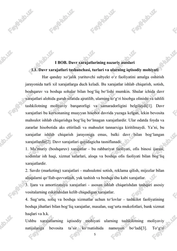 gan xarajatlar esa moliyaviy hisobotlarning ishonchliligini pasaytiradi. shu sababli auditorlar ushbu xarajatlarni chuqur tahlil qilishi, ularning hujjatli asoslanganligini va iqtisodiy maqsadga muvofiqligini baholashi lozim. davr xarajatlarini to‘g’ri tasniflash va ularning mohiyatini chuqur tushunish, ayniqsa auditorlar uchun nihoyatda muhimdir. bu orqali korxonaning moliyaviy holatini aniq baholash, moliyaviy hisobotlarning ishonchliligini ta’minlash, ichki nazoratni mustahkamlash va soliqqa oid xatoliklarning oldini olish mumkin. normativ asos sifatida, o‘zbekiston respublikasining “buxgalteriya hisobi to‘g‘risida”gi qonuni (o‘rq-342, 2016-yil 13-aprel), o‘zbekistonda amalda bo‘lgan milliy buxgalteriya standartlari (mbxs), hamda moliya vazirligi tomonidan tasdiqlangan “xarajatlar hisobi to‘g‘risidagi nizom” asosiy hujjatlar hisoblanadi[4]. xarajat turi tavsifi ma’muriy xarajatlar rahbarlar va ofis ishchilari ish haqi, xizmat safari, aloqa xizmatlari savdo xarajatlari mahsulotni reklama qilish, sotuvlarni rag‘batlantirish, mijozlar bilan ishlash amortizatsiya asosiy vositalarning eskirishiga bog‘liq xarajatlar sug‘urta va soliqlar moliyaviy faoliyat bilan bog'liq xizmatlar va majburiy to‘lovlar 1-jadval. davr xarajatlari va ularning tavsifi[5]. quyidagi jadvalda davr xarajatlari va ularning qisqacha tavsifi keltirilgan xulosa qilib aytganda, …