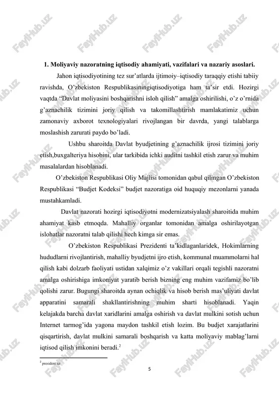 uv qarorlarini qabul qilish maqsadida boshqariluvchi ob’ekt faoliyatini kuzatish, solishtirish, tekshirish va tahlil qilish tizimidir. hozirgi kunda moliyaviy nazoratning asosiy maqsadi tekshirilayotgan ob’ektda mavjud bo’lgan haqiqiy holatni ob’ektiv o’rganish va boshqaruv qarorlarini qabul qilish va ijro etishga salbiy ta’sir ko’rsatuvchi omillarni aniqlash yoki oldini olishdan iborat. moliyaviy nazorat moliya funktsiyalarining amalga oshirilish shakli bo’lib xizmat qiladi. u ham davlatning, ham boshqa barcha iqtisodiy sub’ektlarning manfaatlari va huquqlarini ta’minlashga qaratilgan. iqtisodiy jihatdan taraqqiy etgan mamlakatlarda moliyaviy nazorat, bir tomondan, o’zaro ta’sirchan va ikkinchi tomondan, mustaqil bo’lgan ikki sohaga bo’linadi[footnoteref:3]: [3: finansi, nalogi i kredit. uchebnik. izd. 2-e, pod red., prof. i.d. matskulyaka. – m.: izdatelstvo rags, 2007g.str 23.] · davlat moliyaviy nazorati · nodavlat moliyaviy nazorati. davlat moliyaviy nazorati bu davlatning asosiy qonunlariga tayanadigan va hokimiyat hamda boshqaruv konkret organlari iqtisodiy-huquqiy harakatining kompleksli va maqsadga yo’nalti-rilgan tizimidir. moliyaviy nazoratni tashkil etishda mamlakatning konstitutsiyasi hal qiluvchi ahamiyat kasb etadi. uning huquqiy reglamenti …