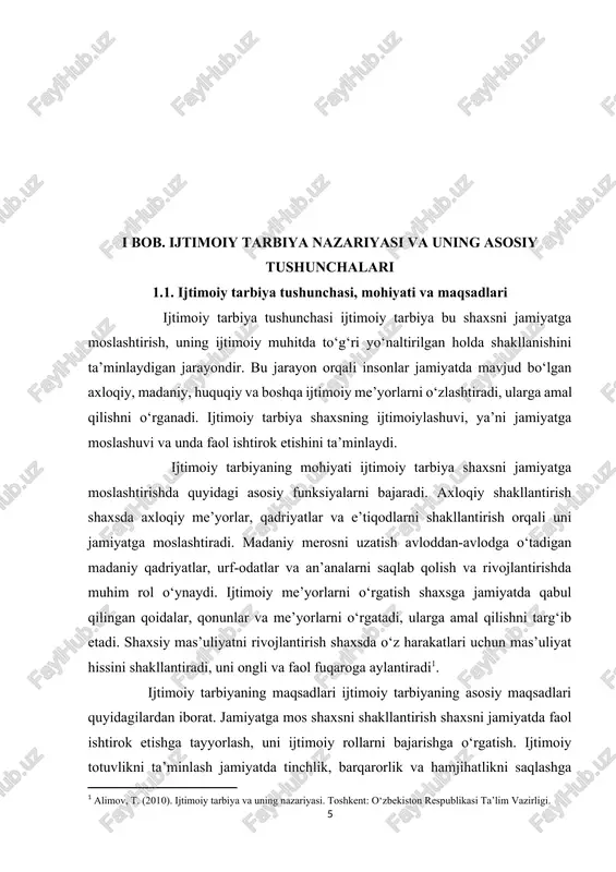 amiyatda faol ishtirok etishga tayyorlash, uni ijtimoiy rollarni bajarishga o‘rgatish. ijtimoiy totuvlikni ta’minlash jamiyatda tinchlik, barqarorlik va hamjihatlikni saqlashga xizmat qiladigan shaxslarni tarbiyalash. madaniy merosni saqlash milliy va umuminsoniy qadriyatlarni saqlab qolish va rivojlantirishga hissa qo‘shadigan shaxslarni shakllantirish. fuqarolik ongini rivojlantirish shaxsda fuqarolik mas’uliyati, huquqiy ong va ijtimoiy faollikni rivojlantirish. ijtimoiy tarbiyaning asosiy subyektlari ijtimoiy tarbiya jarayonida quyidagi subyektlar faol ishtirok etadi. oila shaxsning dastlabki ijtimoiylashuv joyi bo‘lib, unda asosiy axloqiy va madaniy qadriyatlar shakllanadi. maktab ta’lim orqali shaxsga bilim berish bilan birga, uni ijtimoiy me’yorlarga moslashtiradi. mahalla jamiyatdagi ijtimoiy nazorat va qo‘llab-quvvatlash tizimi sifatida shaxsning ijtimoiylashuviga hissa qo‘shadi. ommaviy axborot vositalari shaxsning dunyoqarashi va ijtimoiy ongini shakllantirishda muhim rol o‘ynaydi. jamoat tashkilotlari turli ijtimoiy guruhlar orqali shaxsni jamiyatga integratsiyalashuviga yordam beradi. ijtimoiy tarbiyaning zamonaviy yondashuvlari bugungi kunda ijtimoiy tarbiya jarayonida quyidagi zamonaviy yondashuvlar qo‘llanilmoqda. interaktiv metodlar shaxsni faol ishtirok etishga undaydigan, muloqotga asoslangan usullar. axborot-kommunikatsiya texnologiyalari raqamli vositalar orqali …