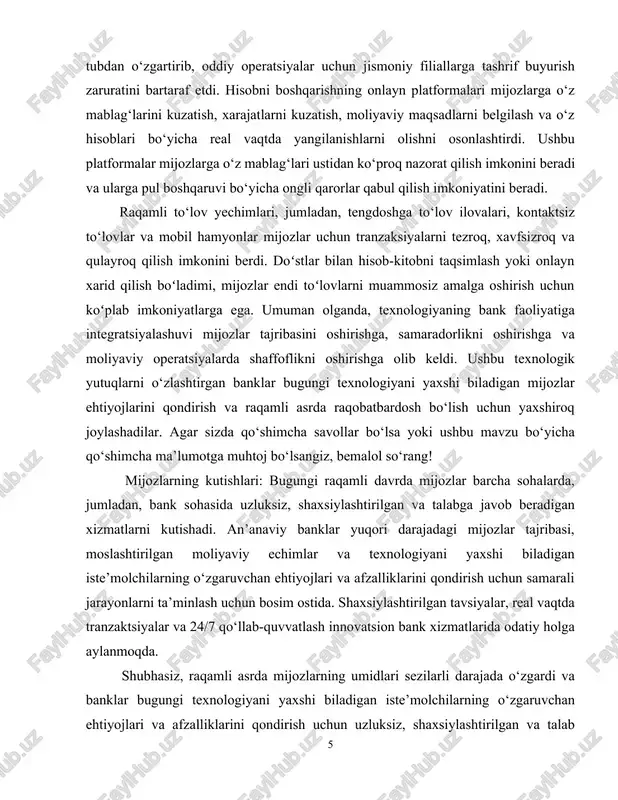 ani yaxshi biladigan iste’molchilarning o‘zgaruvchan ehtiyojlari va afzalliklarini qondirish uchun samarali jarayonlarni ta’minlash uchun bosim ostida. shaxsiylashtirilgan tavsiyalar, real vaqtda tranzaktsiyalar va 24/7 qo‘llab-quvvatlash innovatsion bank xizmatlarida odatiy holga aylanmoqda. shubhasiz, raqamli asrda mijozlarning umidlari sezilarli darajada o‘zgardi va banklar bugungi texnologiyani yaxshi biladigan iste’molchilarning o‘zgaruvchan ehtiyojlari va afzalliklarini qondirish uchun uzluksiz, shaxsiylashtirilgan va talab bo‘yicha xizmatlarni taqdim etish bo‘yicha ortib borayotgan bosimga duch kelishmoqda. mijozlar endi o‘zlarining shaxsiy moliyaviy maqsadlari va ehtiyojlariga mos keladigan tavsiyalar va yechimlar bilan bank tajribasida yuqori darajadagi shaxsiylashtirishni kutishmoqda. ma’lumotlar tahlili va sun’iy intellektdan foydalangan holda banklar mijozlarning xatti-harakatlari va afzalliklarini tahlil qilib, shaxsiy mahsulot tavsiyalari, sarmoyaviy maslahatlar va moliyaviy rejalashtirish xizmatlarini taklif qilishlari mumkin. ushbu xususiylashtirish darajasi banklarga o‘z mijozlari bilan mustahkam aloqalar o‘rnatishga va sodiqlikni oshirishga yordam beradi[footnoteref:2]. [2: wikipedia - https://en.wikipedia.org] 1-rasm. masofaviy bank xizmatlaridan foydalanuvchilar soni[footnoteref:3] [3: https://www.spot.uz/media/img/2019/02/rfza4q15506561919933_o.jpg] 2021 yil 1 yanvar holatiga (14 571 094 taga) nisbatan bank hisobvaraqlarini …