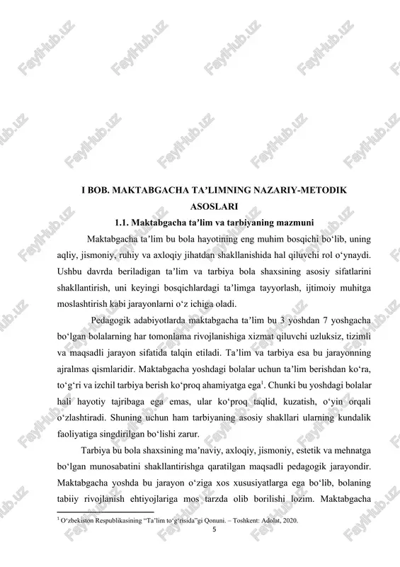 ega bo‘lib, bolaning tabiiy rivojlanish ehtiyojlariga mos tarzda olib borilishi lozim. maktabgacha taʼlimdagi tarbiya mazmuni bir nechta asosiy yo‘nalishlarni o‘z ichiga oladi. axloqiy tarbiya bolaga yaxshilik va yomonlik haqida dastlabki tushunchalarni berish, kattalarga hurmat, do‘stlarga mehr, adolatli va halol bo‘lish kabi tushunchalarni shakllantirish. aqliy tarbiya bolada kuzatish, solishtirish, eslab qolish, mantiqiy fikrlash ko‘nikmalarini rivojlantirish. estetik tarbiya atrof-muhitdagi go‘zallikni his qilish, sanʼatga mehr uyg‘otish, ranglar, musiqa, tabiat go‘zalliklarini qadrlash. mehnat tarbiyasi oddiy mehnat faoliyatlarida ishtirok etish, o‘z kiyimlarini yig‘ishtirish, o‘yinchoqlarni joyiga qo‘yish kabi ko‘nikmalar. jismoniy tarbiya bola salomatligi, harakat faolligi va gigiyena madaniyatiga rioya qilishni shakllantirish. maktabgacha taʼlimda tarbiya jarayonining eng asosiy tamoyillaridan biri bu shaxsga yo‘naltirilgan yondashuvdir. bu yondashuv har bir bolaning individual xususiyatlarini hisobga olib, unga mos tarbiya shakllari va metodlarini tanlashni nazarda tutadi. har bir bola noyob va betakror shaxs bo‘lib, uning rivojlanish surʼati, qiziqishlari, qobiliyatlari turlicha bo‘lishi mumkin. shu sababli, zamonaviy maktabgacha taʼlimda differensial va individual yondashuv …