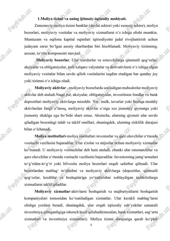 ‘larning almashinuvini osonlashtiradi. mintaqaviy darajadagi moliya tizimiga banklar va hisob-kitob markazlari va shunga o‘xshash boshqa moliyaviy institutlar kiradi. global miqyosda moliya tizimi moliya institutlari, investorlar, markaziy banklar, davlat organlari, jahon banki va boshqalar o‘rtasidagi o‘zaro munosabatlarni o‘z ichiga oladi. moliyaviy tizimlar mablag‘larni taqsimlash, investitsiya qilish yoki iqtisodiyot tarmoqlari o‘rtasida bir sub’yektdan boshqa subyektga o‘tkazish imkonini beradi va ular jismoniy shaxslar va kompaniyalarga tegishli risklarni bo‘lishish imkonini beradi. moliya tizimining infratuzilmasi deganda moliyaviy bozor operatsiyalari aniq amalga oshiriladigan to‘lov va hisob-kitob tizimlari tushuniladi. to‘lov va hisob-kitob tizimlarining uzluksiz va ishonchli ishlashi iqtisodiyotda kapitalning samarali harakatiga yordam beradi va shu bilan moliyaviy barqarorlikni qo‘llab-quvvatlaydi. mukammal ishlaydigan moliyaviy tizimlar moliyaviy inqirozlarga osonlikcha tushib qolmaydi va hatto qiyin moliyaviy sharoitlarda ham o‘zlarining asosiy vazifalarini bajara oladi. shunday qilib, "moliya" jamg‘armaga ega suby’ektlar va investorlardan pulni pulga muhtoj bo‘lgan suby’ektlarga yo‘naltirish jarayonini o‘rganadi. tejamkorlar va investorlar o‘z pullaridan unumli foydalanish maqsadida foiz yoki dividend olishi …