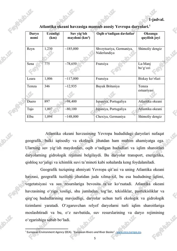 i ekologik va gidrologik tizimlarni yaratadi. o‘zgaruvchan relyef daryolarni turli iqlim sharoitlariga moslashtiradi va bu, o‘z navbatida, suv resurslarining va daryo rejimining o‘zgarishiga sabab bo‘ladi. iqlim va suv rejimi yevropadagi atlantika okeani havzasi, ayniqsa, mo‘tadil iqlimga ega bo‘lib, bu havza uchun doimiy yog‘ingarchilik va nisbatan yumshoq haroratlarni ta’minlaydi. shu bilan birga, qirg‘oq mintaqalaridagi iqlim o‘zgarishlari, masalan, bo‘ronlar va yomg‘irlar, daryolarning suv rejimini sezilarli darajada o‘zgartiradi. qishning sovuq oylarida, ayniqsa, daryolarni muzlash holati ko‘zga tashlanadi, bu esa suvning oqishini to‘xtatadi yoki kamaytiradi. yozda esa, yuqori harorat va kam yog‘ingarchilik daryolar suvining kamayishiga olib keladi. daryolar tizimi va gidrografik tuziq yevropa atlantika okeani havzasidagi yirik daryolar, yuqorida keltirilgan ma’lumotlar asosida, geologik va geografik sharoitga ko‘ra, turli-xil gidrografik tarmoqlarga ega. bu daryolar o‘zlarining keng suv yig‘ish maydonlari, bo‘g‘ozlar va irmoqlar bilan atlantika okeaniga quyilib, yirik dengiz va okean tizimlariga ulanishadi. daryolar o‘z yo‘llarida ko‘plab irmoqlarni qabul qilib, o‘zlarining gidrografik tarmoqlarini boyitadi. bu tarmoqlarni …