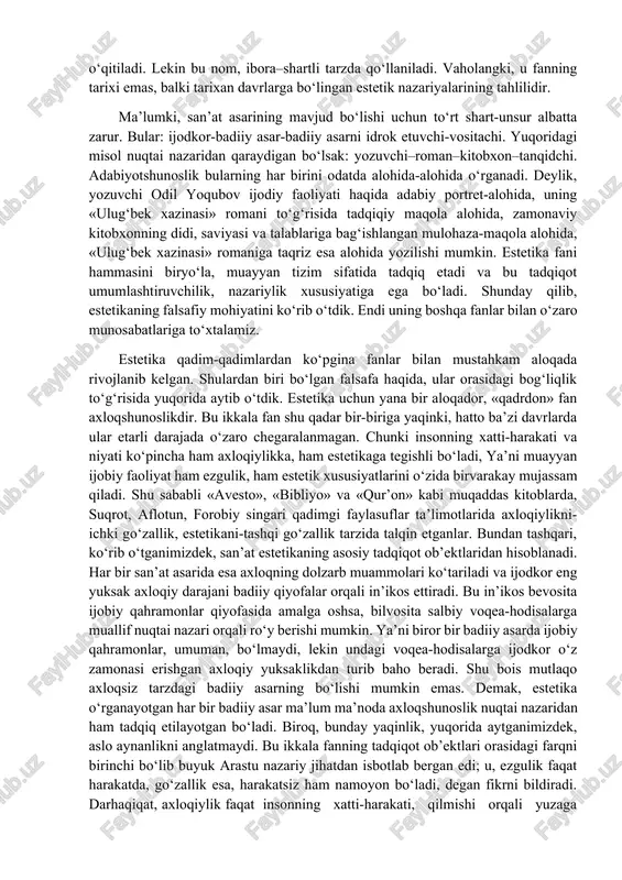 barcha jarayonlarni o‘rganadi. ikkinchi tomondan, san’at uchun umumiy qonun-qoidalarni ishlab chiqadi va tadbiq etadi. uchinchi tomondan, esa san’at asarini idrok etayotgan kishi ruhidagi o‘zgarishlarni estetika nuqtai nazaridan tadqiq qiladi. shunday qilib, estetika san’atni to‘la qamrab oladi va uning ich-ichiga kirib boradi: badiiy asarning yaratilish arafasidagi shart-sharoitlardan tortib, to u bunyodga kelib, asl egasi-idrok etuvchiga etib borgunigacha bo‘lgan va undan keyingi jarayonlarni tadqiq etadi hamda ulardan nazariy xulosalar chiqaradi. zotan «san’at falsafasi» iborasining siri ana shunda. estetika-falsafiy fanlar tarkibiga kiruvchi maxsus soxa. falsafani esa, o‘zingizga ma’lumki, fanlar podshosi deb atashadi. darhaqiqat, u fanlar podshosi sifatida barcha tabiiy va ijtimoiy ilmlar erishgan yutuqlarni o‘z qamroviga olib, ulardan umumiy xulosalar chiqarib, shular asosida insoniyatni haqiqat tomon etaklaydi. shu bois tafakkurni falsafaning tadqiqot ob’ekti deb atash maqsadga muvofiq bo‘ladi. estetika-falsafiy fan sifatida, barcha san’atshunoslik fanlari erishgan yutuqlardan umumiy xulosalar chiqarib, shu xulosalar asosida insonni go‘zallik orqali haqiqatga etishtirishga hizmat qiladi. bundan tashqari estetika ishlab …