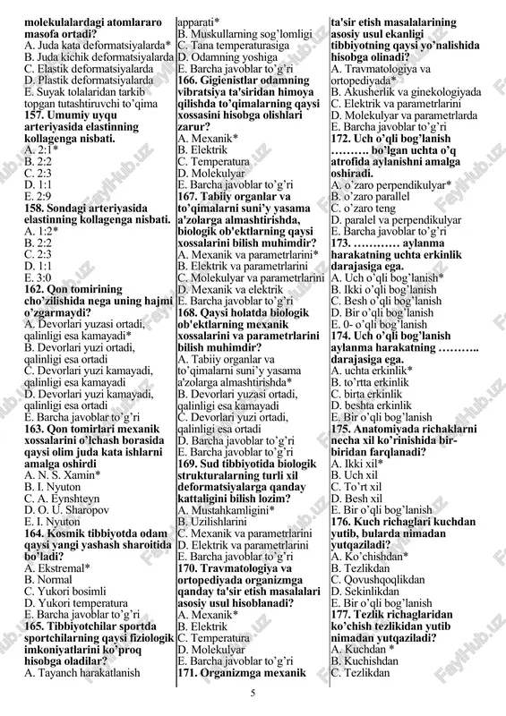 h). a. 300%* b. 500% c. 600% d. 700% e. 800% turli materiallardagi mustahkamlik chegarasining sifat jihatdan farq qilishlari nimaga bog’liq? a. molekulyar bog’lanishlar mexanizmiga* b. molekulyar bog’lanishlar plastikligiga c. molekulyar bog’lanishlar uzilishiga d. molekulyar bog’lanishlar siljishiga e. po’lat uchun yung moduli po’lat uchun yung moduli. a. 200 gpa* b. 400 gpa c. 600 gpa d. 800 gpa e. 800 gpa 122. suyak uchun yung moduli. a. 10gpa* b. 101gpa c. 200gpa d. 1000gpa e. 2000gpa 123. 10gpa qaysi moddaning yung moduli a. suyak uchun* b. po’lat uchun c. biologik to’qima d. rezina uchun e. jigar uchun 124. biologik to’qimalarning mexanik xossalari asosida ularning necha xil turi tushuniladi? a. ikki xil* b. uch xil c. besh xil d. o’nbir xil e. jigar uchun 125. biologik to’qimalarning mexanik xossalarining harakatchanlik jarayoni bilan bog’liq turi. a. muskullarning qiskarishi, hujayralarning o’sishi*…. b. muskullarning harakatsizligi, hujayralarning o’sishi …. c. muskullarning uzilishi, hujayralarning o’sishi …. …