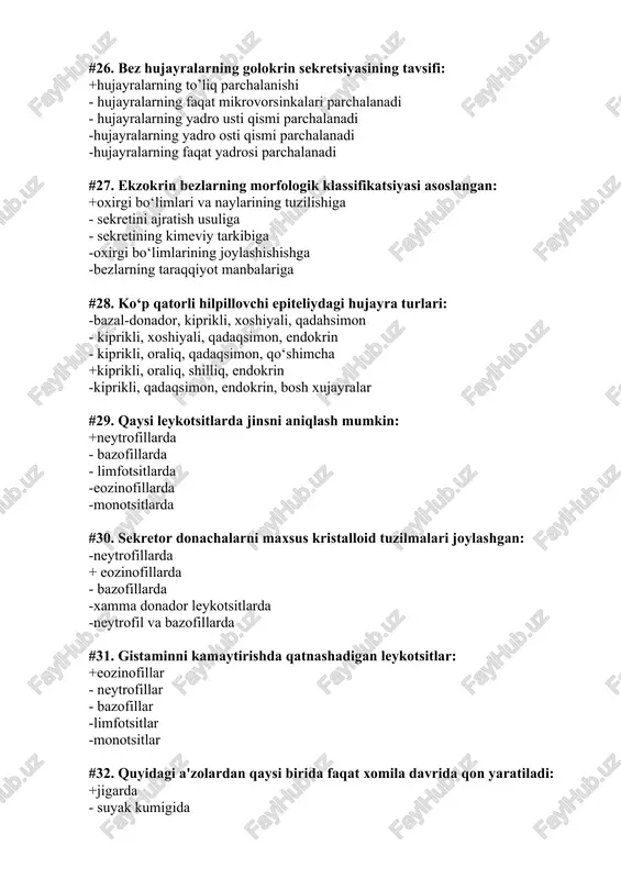 ar #47. sarkomer chegaralangan: +z-chiziqlar bilan - izotrop disklar bilan - anizotrop disklar bilan -d n-zonalar bilan -m- chiziq bilan #48. qisqaruvchi kardiomiotsitlarning birikish turlari: -sinaps, desmosoma + interdigitatsiya, desmosoma, neksus - zich, oddiy -barmoqsimon, oddiy -interdigitatsiya, sinaps #49. nerv nayidan takomillashadigan miotsitlar: +ko‘zning rangdor pardasi miotsitlari - ichki a'zolar devoridagi silliq miotsitlar - mioepiteliotsitlar -qisqaruvchi kardiomiotsitlar -o‘tkazuvchi kardiomiotsitlar #50. skelet mushak tolalari tutamlari o‘ralgan: -epimiziy bilan - endomiziy bilan + perimiziy bilan -endotenoniy bilan -sarkolemma bilan #51. har bir skelet mushak tolalari o‘ralgan: +endomiziy bilan - perimiziy bilan - epimiziy bilan -endotenoniy bilan -peritenoniy bilan #52. erkin nerv oxirlari tuzilgan: +o’q silindrdan - o’q silindr va lemmotsitdan - dendrit oxiri va lemmotsitdan -o’q silindr, lemmotsit va kollagen tolalardan -akson oxiri, lemmotsitdan #53. o‘simtasi t-shaklda tarmoqlangan neyron: -multipolyar + psevdounipolyar - neyroblast -bipolyar -unipolyar #54. tigroid modda bu: +donador endoplazmatik to’r - karbon suv va kiritmalar - dezoksiribonukleoproteidlar -sekretor donachalar …