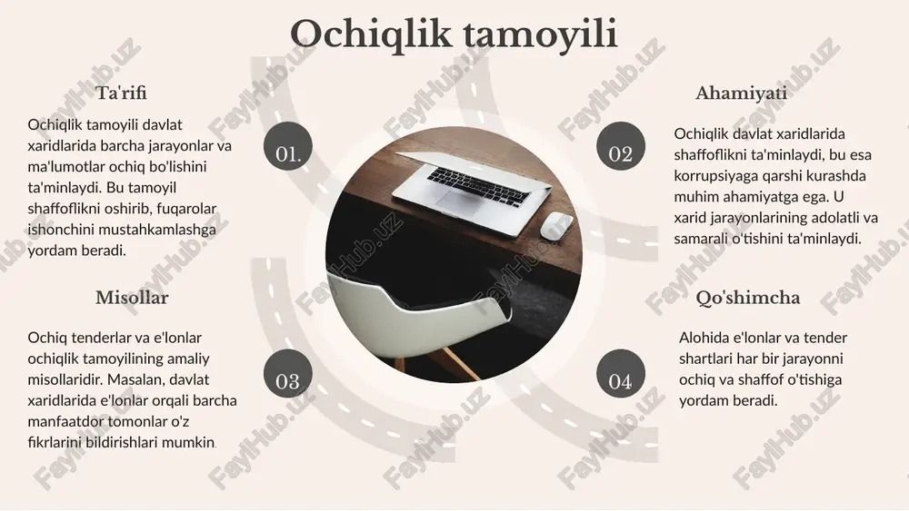 , masalan, sifatli mahsulotlarni vaqtida olish imkoniyatini cheklaydi. xaridlar ro'yxatini tuzish xaridlar ro'yxatini tuzish jarayoni xaridlarni rejalashtirishning muhim qismidir. bu jarayonda, ehtiyojlar va resurslar asosida xaridlar ro'yxati shakllantiriladi. ro'yxat tuzishda aniq maqsadlar belgilanishi va ehtiyojlar to'liq aniqlanishi zarur. ro'yxat tuzishda amal qilinadigan qoidalar: 1. xaridlar aniq va o'lchovli maqsadlarga asoslanishi kerak. 2. resurslarni optimal taqsimlashni ta'minlash. 3. xaridlar ro'yxati vaqtida yangilanib turilishi zarur. ro'yxatni samarali tuzish uchun avval ehtiyojlarni aniqlash, keyin esa ushbu ehtiyojlarni qondirishga qaratilgan xaridlarni belgilash muhimdir. xaridlar to'g'ri tartibda va ustuvorliklarga ko'ra tashkil etilishi lozim. shuningdek, xaridlarni amalga oshirish uchun yetarli vaqt ajratish kerak. ro'yxatga misol: 1. ofis jihozlari (stollar, stullar) - ish joyida qulaylik yaratish. 2. kompyuter texnikasi - ish jarayonini samarali yuritish uchun. 3. dasturiy ta'minot - ish faoliyatini qo'llab-quvvatlash uchun. 4. ta'lim materiallari - o'quv jarayonini yaxshilash maqsadida. monitoring va baholash jarayoni monitoring va baholash jarayoni davlat xaridlari jarayonida muhim ahamiyatga ega. bu jarayon …