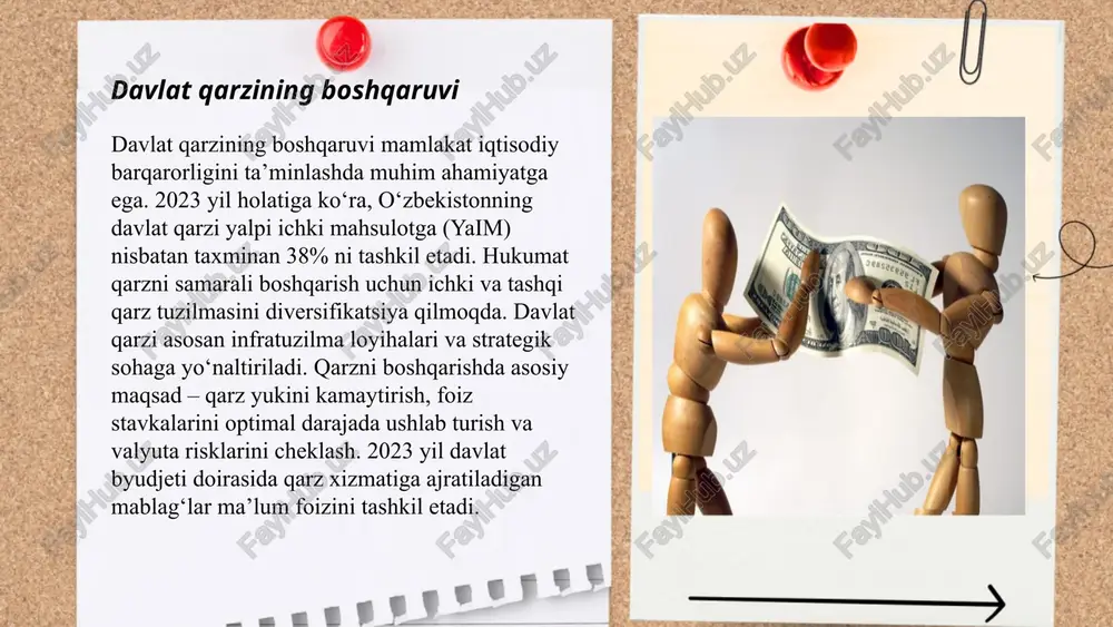 atiga ko'ra, dunyo bo'yicha o'rtacha davlat qarzining yimga nisbati taxminan 93%ni tashkil etadi. ba'zi rivojlangan davlatlar, masalan, yaponiya va aqshda bu ko'rsatkich mos ravishda 263% va 125% atrofida. o'zbekistonda esa bu ko'rsatkich nisbatan past bo'lib, 2023 yil uchun davlat qarzining yimga nisbati taxminan 37% qilib belgilangan. yevropa ittifoqi mamlakatlarida esa maastricht mezonlariga ko'ra, davlat qarzining yimga nisbati 60%dan oshmasligi kerak, ammo ko'p mamlakatlar bu chegaradan oshib ketgan. ... t.me/slaydai_bot davlat qarzining ijobiy tomonlaridan biri, u iqtisodiy o'sishni qo'llab-quvvatlashda yordam berishi mumkin. qarz bilan davlat infratuzilma loyihalarini moliyalashtirishi va investitsiyalarni rag'batlantirishi mumkin. salbiy tomonlari esa, davlat qarzining ortishi inflyatsiya xavfini oshirishi va davlat budjeti defitsitiga olib kelishi mumkin. shuningdek, yuqori darajadagi qarz foiz to'lovlarini oshiradi, bu esa boshqa zaruriy xizmatlarga ajratiladigan mablag'ni kamaytiradi. 2022-yilda o'zbekistonning davlat qarzi yalpi ichki mahsulotga (yim) nisbatan 38 foizni tashkil etgan, bu ba'zi qo'shni davlatlarga nisbatan pastroq ko'rsatkichdir. davlay qarzini boshqarish tuzilmasi va funksiyalari matyaqubova feruza …