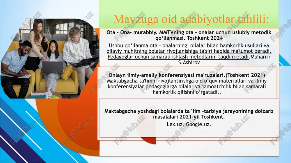rlikni tashkil etish. masalan, san'at va madaniyat markazlari bilan hamkorlikda bolalar uchun ijodiy va madaniy faoliyatlar o‘tkazish. bu nafaqat bolalar rivojlanishiga, balki ularni jamoaga ta'sir etishiga ham yordam beradi. chora-tadbirlar rejasi № muammo muammoning yechimi muddat mas'ullar natija 1 oilalar va mahalliy jamoatchilik o'rtasida hamkorlik samarasini oshirish 1. ota-onalar bilan anonim so‘rovnomalar o‘tkazish. 2. maktabgacha ta'lim tashkilotlari o‘rtasida pedagogik tajriba almashish 3. maktabgacha ta'lim tashkilotlari o‘z faoliyatini jamoatchilikka ochiq tarzda hisobot berish har chorakda mtt direktori, pedagoglar hamkorlikda uchraydigan muammolar yechim topadi 2 ota onalarning ta’lim jarayonida faolligining yetarli emasligi 1. ota-onalar bilan seminarlar va treninglar tashkil etish. 2. ota-onalar va mahalla jamoasi bilan doimiy uchrashuvlar, va mashg‘ulotlar o‘tkazish 3.ota-onalar ishtirokida turli ko‘rik tanlovlari tashkil etish doimiy mtt direktori va pedagoglar ota-onalarning ta’lim jarayonidagi faolligi oshadi 3 pedagoglarning kommunikatsion ko‘nikmalarning yetarli emasligi 1. pedagoglarni hamkorlik to‘g‘risidagi metodik qo‘llanmalar bilan ta’minlash. 2. o‘yin asosidagi ta'lim, multimedia vositalari va boshqa innovatsion usullarni …