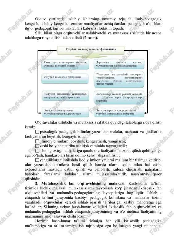 g‘or pedagogik va ishlab chiqarish tajribalarini o‘rganish, umumlashtirish va ularni ommalashtirish maqsadida targ‘ib qilish; - o‘qituvchilarga uslubiy yordam ko‘rsatish; - axborot resurs markazi imkoniyatlaridan samarali foydalanish; - o‘qituvchilarga o‘z imkoniyatlarini namoyon etishlariga shart-sharoit yaratish; uslubiy ishlarga quyidagi talablar qo‘yiladi. g‘oyaviy yo‘nalganlik - uslubiy ishlar zamon talablariga hamnafas chuqur g‘oyaviylikka ega bo‘lishi kerak. mustaqil o‘zbekiston respublikasining kelajagi buyuk davlat ekanligini o‘quvchilar ongiga singdirish, tarbiya asosida milliy mustaqillik g‘oyalari bilan sug‘orilgan bilim, ko‘nikma va malakalarni shakllantirish. buning uchun yoshlar bilan ishlayotgan o‘qituvchi va tarbiyachilar bilan olib boriladigan metodik ishlarning mazmuni ham davr va istiqbol talablari darajasida bo‘lishi muhimdir. ilmiylik - uslubiy ishlarni ilmiy g‘oyalar, nazariyalarga tayangan holda olib borishni ko‘zda tutadi. shuning uchun o‘qituvchilar o‘quvchilarning psixologiyasi, fiziologiyasi va gigienasini o‘qitadigan o‘quv predmeti mazmunini, ta’lim-tarbiya nazariyasi qonuniyatlari, prinsiplari, tashkil etish shakllari, o‘qitish metod va vositalarini har tomonlama mukammal bilishi zarur. ular kasbiy pedagogik mahoratlarini oshirishlari uchun muntazam ravishda o‘z ustida mustakil ishlab ijod …