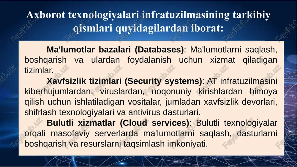 urli trubkali monitor, suyuq kristalli ploskiy monitor, sensorli monitor bosib chiqarish moslamalari zarbli printer: matritsali printerlar zarbsiz printer: lazerli, purkagichli, termal printerlar boshqa moslamalar ovoz, tovush, video chiqaradigan qurilmalar axborotni chiqarish qurilmalari monitor monitor – simvolli va grafikli axborotlarni namoyish etish qurilmasi. chiqarish qurilmasi sifatida xizmat qiladi. proektorlar proektorlar va ekranlar ma'lumotlarni yirik o`lchamda tasvirlash uchun ishlatiladigan qurilmalardir. unda tasvir o`qurilmalar kompyuter bilan birgalikda foydalanishga mo`ljallangan auditoriyalarda va zallarda bo`lib, ko`proq katta hamda turli majlislarda prezintatsiya va videoroliklarni namoyish qilish uchun ishlatiladi. videoproektor kompyuter va shunga namoyish vositalarining alohida qo`shimcha o`xshash monitori hisoblanib, tasvirlarni yirik hajmda tasvirlash uchun mo`ljallangan. ekran - videoproektor orqali yoritilayotgan materiallarni o`zida tasvirlovchi element. matritsali printer — bu zarbli printerlardir. tayoqchalar qog`ozdagirasm siyoh tasmasini urgan kichik (odatda 9 yoki 24) izlaridan xosil bo`ladi. purkovichli foydalanadigan printer - bu siyoh purkovichidan printerlar. bunday purkovichning ishlash printsipi quyidagicha: siyohning mikro-tomchilari bosim ostida qog'ozga chiqariladi, bu esa bug'lanish tufayli …