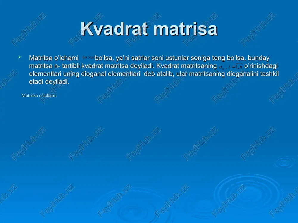 ng barcha elementlarini noldan farqli bir xil songa ko`paytirish; elementar almashtirishlar matrisani rangini o`zgartirmaydi. e) matritsani transponirlash n m × n m ´ ij a ÷ ÷ ÷ ÷ ÷ ÷ ÷ ÷ ÷ ø ö ç ç ç ç ç ç ç ç ç è æ × × × × × × × × × × × × × × × × × × × × × × × × = mn mj m m in ij i i n j n j a a a a a a a a a a a a a a a a a 2 1 2 1 2 2 22 21 1 1 12 11 .......... .......... .......... .......... .......... .......... n j m i a a ij , 1 ; , 1 ), ( = = = × [ ] × ( ) n a a a a 1 12 11 …