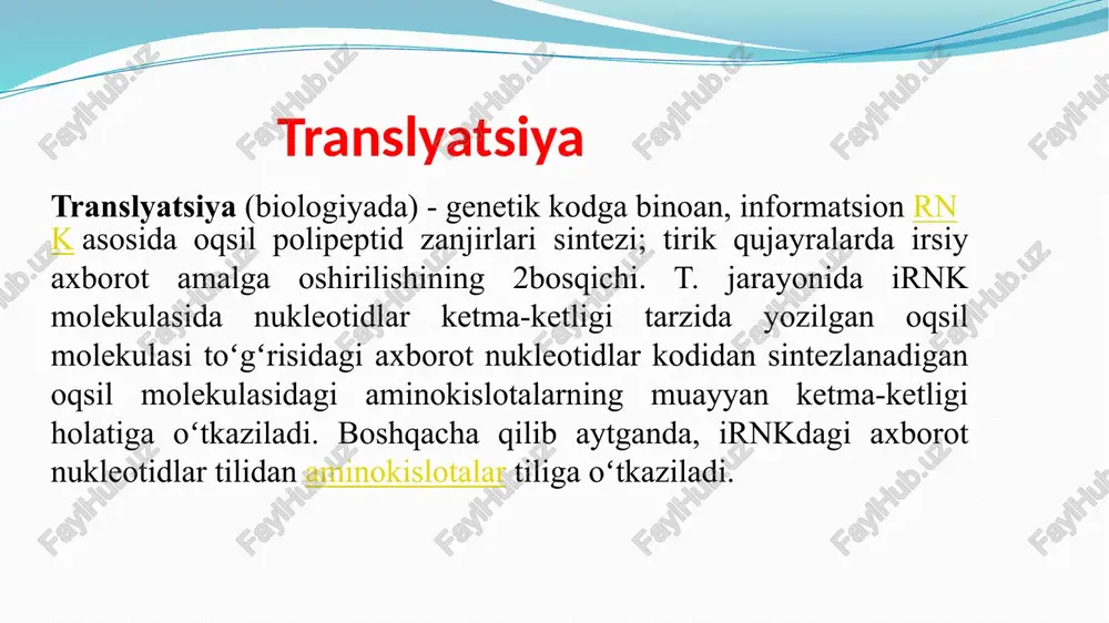 ing bu usulida ham oqsil biosintezini to‘xtatish oxirgi mahsulot ishtirokida amalga oshiriladi. lekin bu usulda oxirgi mahsulot korepressor sifatida repressor bilan birlashmasdan koferment sifatida to‘g‘ri oqsil sintezining dastlabki bosqichlarida qatnashuvchi birinchi ferment (f1) bilan bog‘lanib, uning faolligini yo‘qotadi. natijada keyingi fermentlar ham ishlamasdan jarayon bir zumda to‘xtaydi hujayra irsiyatini o’zgarishiga olib keladigan jarayonlar gen muhandisligi maqsadi – rekombinant dnk yaratish va shu asosda organizm uchun foydali yangi belgilarni va xususiyatlar hosil qilishdir. tabiatning o’zida ham shu kabi rekombinatsiya jarayonlari yuz berishi kuzatiladi. viruslar, faglar, bakteriyalar o’zidagi genetik moddani boshqa organizmlarga o„tkazish xususiyatiga ega. aynan shu jarayonda hujayraning irsiyati o’zgaradi. hujayraning irsiyati o‟zgarishi rekombinatsiya sabab yuzaga keladi. rekombinantlar hosil bo‟lishining 3 xil turi bor: transformatsiya transduksiya konyugatsiya . tarnsformatsiya ma’lum sharoitda bir organizm irsiy molekulasi har qanday bo„lagining ikkinchi organizm irsiy molekulasi tarkibiga birikish hodisasiga «transformatsiya» deb ataladi. 1928-yili angliya bakteriologi frederik griffit, keyinchalik 1944-yilda amerikalik mikrobiolog-genetik o.everi bakteriyalar ustida olib …