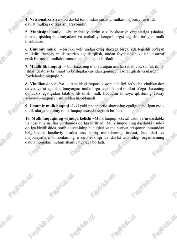 ndirish uchun qo‘llaniladi va mulk egalari bunga rioya qilishlari kerak. eng ko‘p uchraydigan holatlar – yo‘llar, kommunikatsiyalar, suv havzalari, tarixiy ob’ektlar va ekologik hududlar bilan bog‘liq bo‘ladi. 21. mualliflik huquqi qaysi hujjatlar asosida tartibga solinadi? o‘zbekiston respublikasining fuqarolik kodeksi, “mualliflik huquqi va turdosh huquqlar to‘g‘risida”gi qonun 22. mualliflik huquqi qancha muddat davomida amal qiladi? mualliflik huquqi muallif hayoti davomida va vafotidan keyin 70 yil davomida saqlanadi. 23 hammualliflik nima? hammualliflik – bu ikki yoki undan ortiq shaxs tomonidan yaratilgan asarga bo‘lgan mualliflik huquqining umumiy egalik shaklidir. hammualliflar o‘zlarining ijodiy hissasi tufayli asar ustidan teng yoki kelishilgan huquqlarga ega bo‘ladilar. 24. mualliflik shartnomasida nimalar nazarda tutilishi shart? 1. shartnoma tomonlari, 2. shartnomaning predmeti, 3. mualliflik huquqlari va ularning ko‘lami, 4. to‘lov va gonorar, 5. asardan foydalanish tartibi, 6. tomonlarning majburiyatlari, 7. mualliflik huquqlarini himoya qilish va nizolarni hal etish, 8. shartnomaning amal qilish muddati va bekor qilish shartlari 25. mualliflik huquqining …